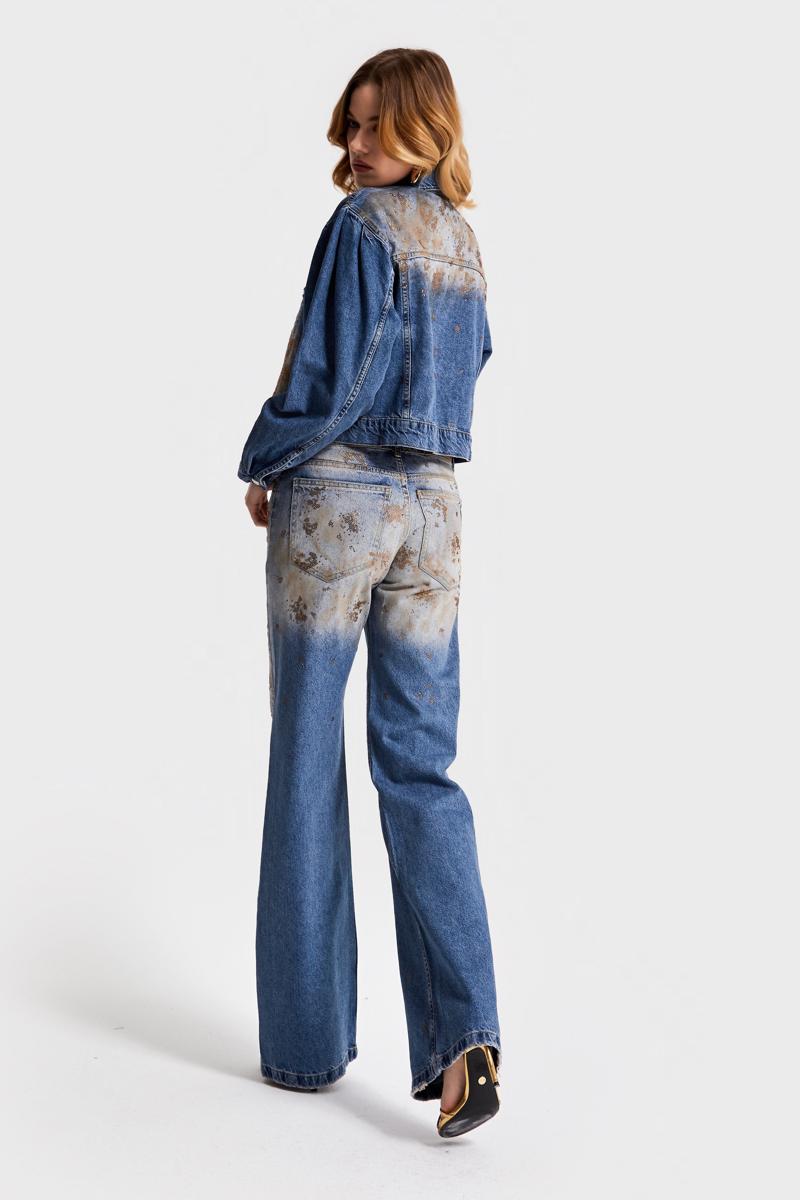 Women's T.Jeans Color 4S568 Shiny Stone Design Baggy Flare Fit Denim