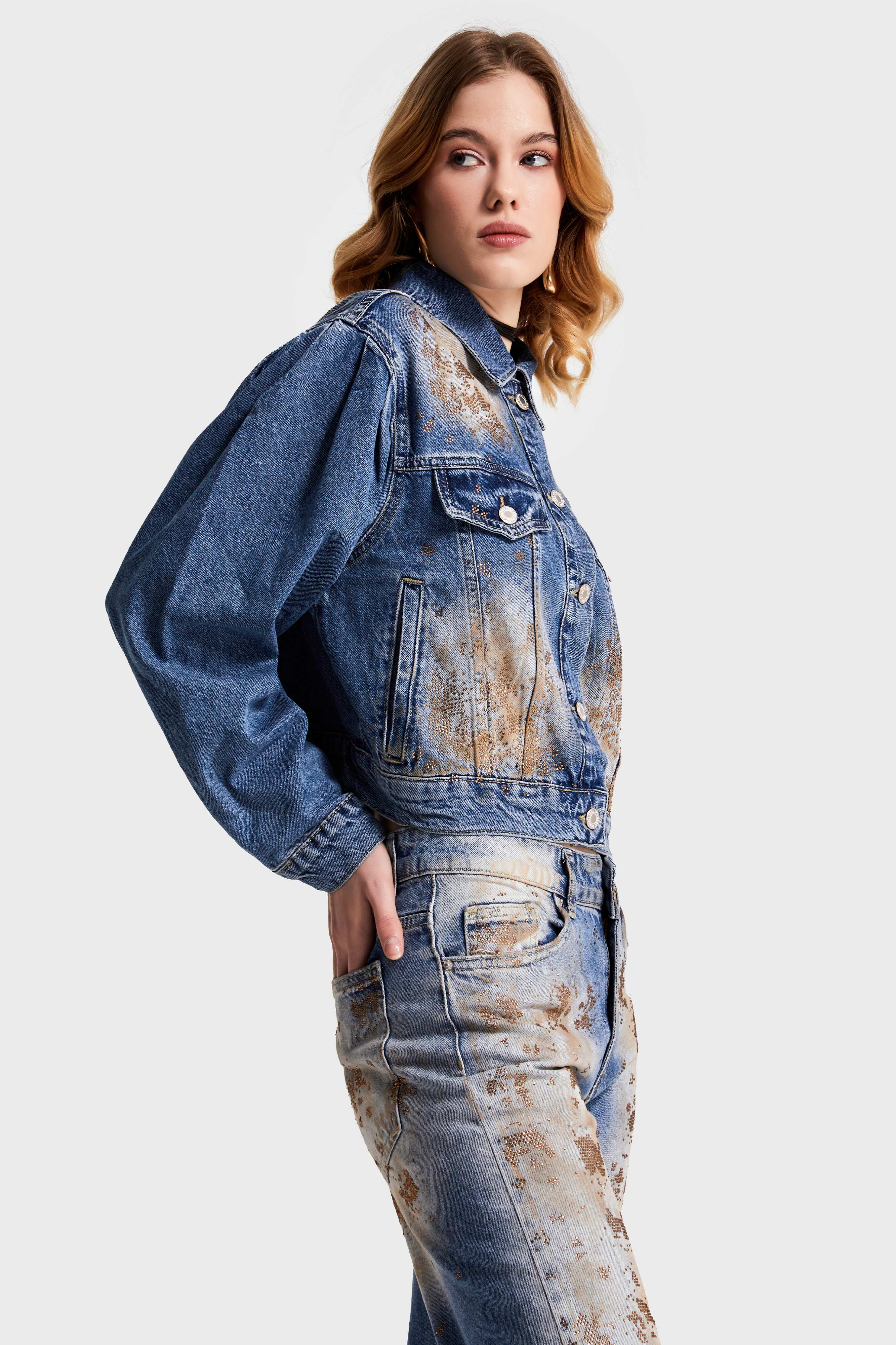 Women's T.Jeans Color 4S568 Shiny Stone Design Denim Jacket