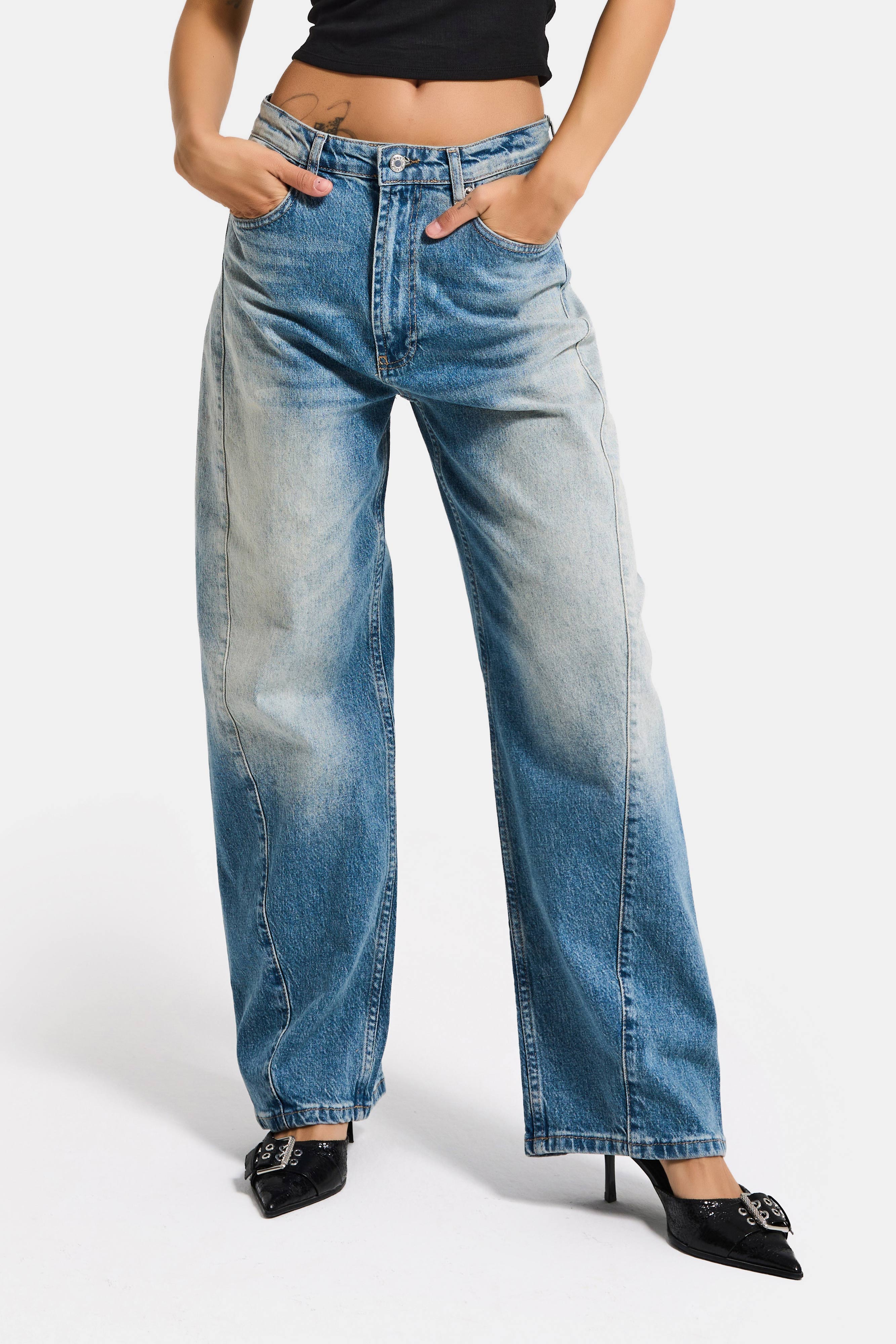 Kadın T.Kot Rengi 4s6-32 Mid Rise Baggy Barrel Komfort Kumaş Denim Jean
