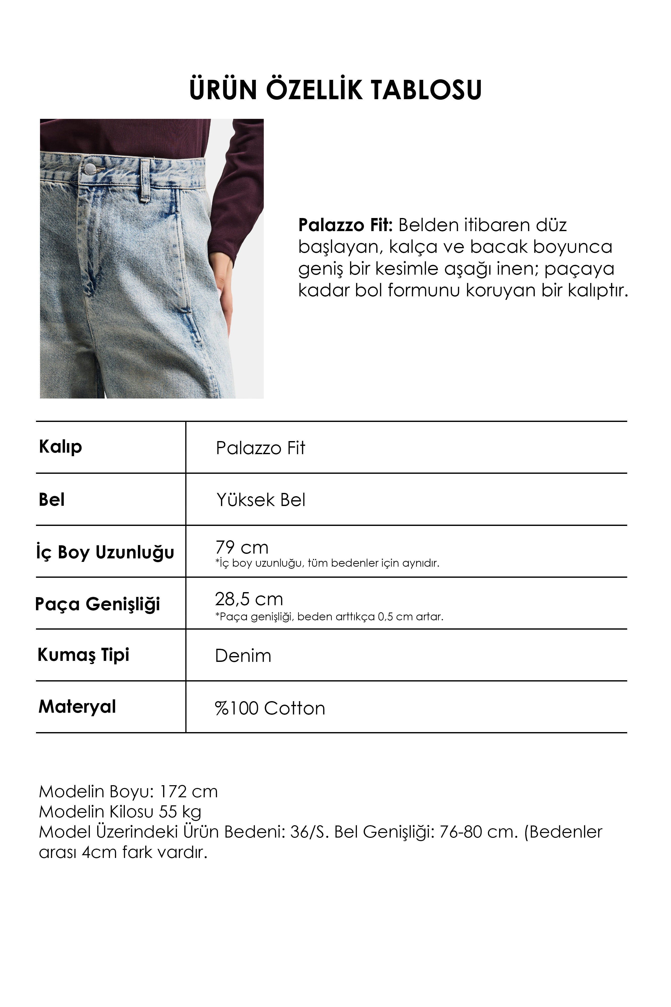 Kadın T.Kot Rengi 4s6-65 Süper Palazzo Fit Yandan Cepli Denim Jean