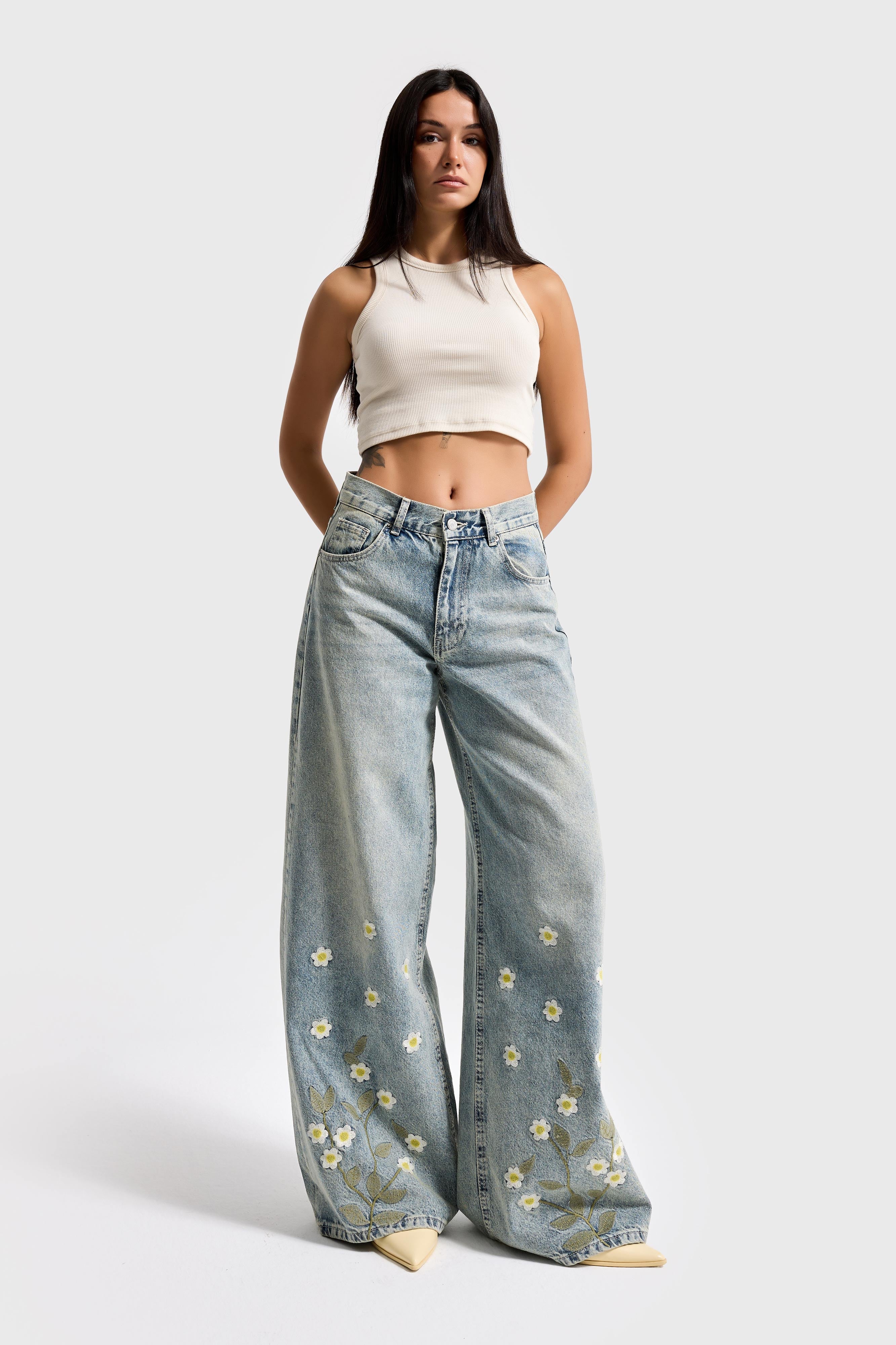 Kadın T.Kot Rengi 4s6-67 Palazzo Fit Özel Çiçek Nakışlı Tasarım Denim Jean