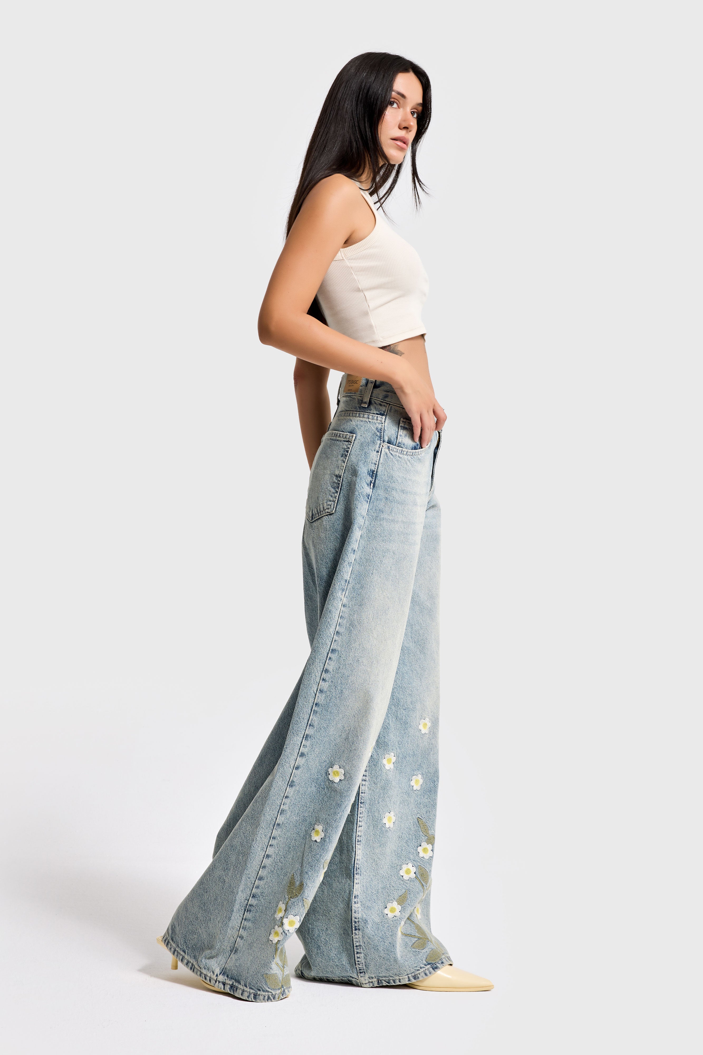 Kadın T.Kot Rengi 4s6-67 Palazzo Fit Özel Çiçek Nakışlı Tasarım Denim Jean