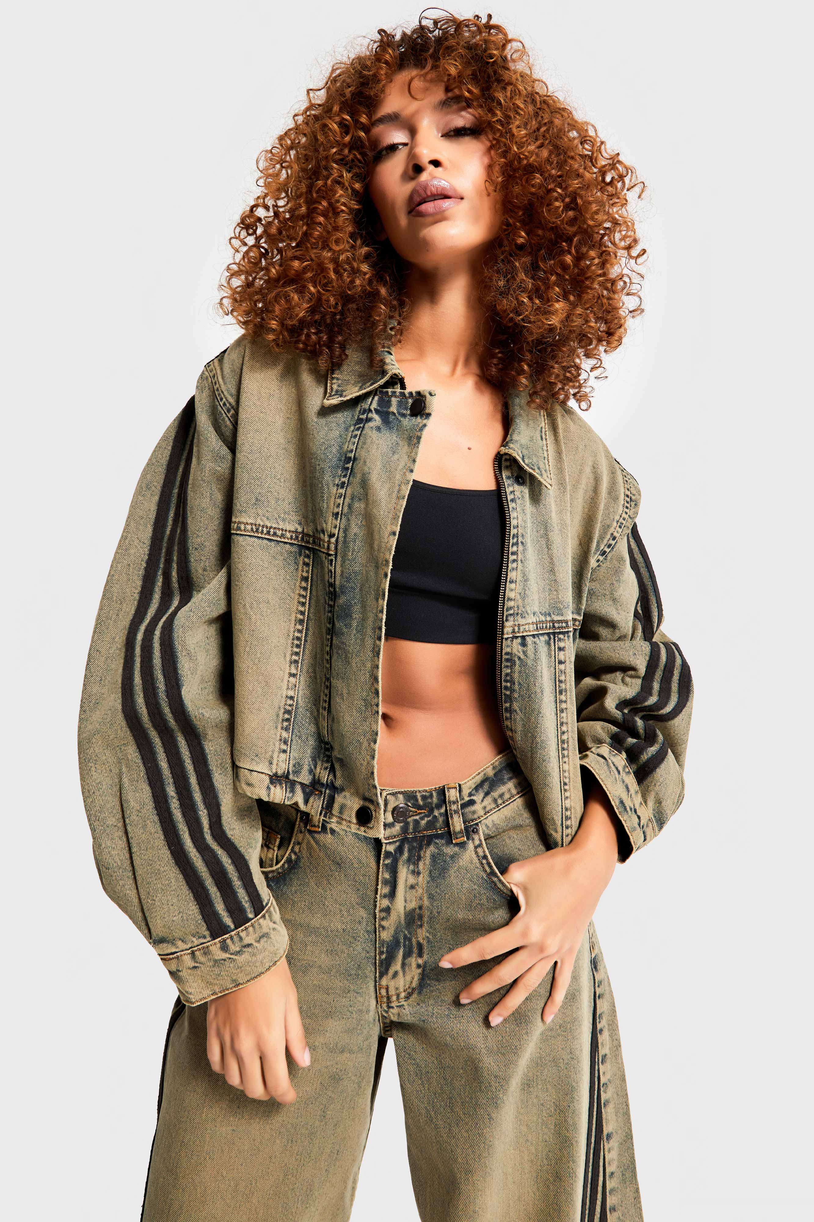 Women's T.Denim Color 4w440 Cropped Fit Side Striped Design Jacket