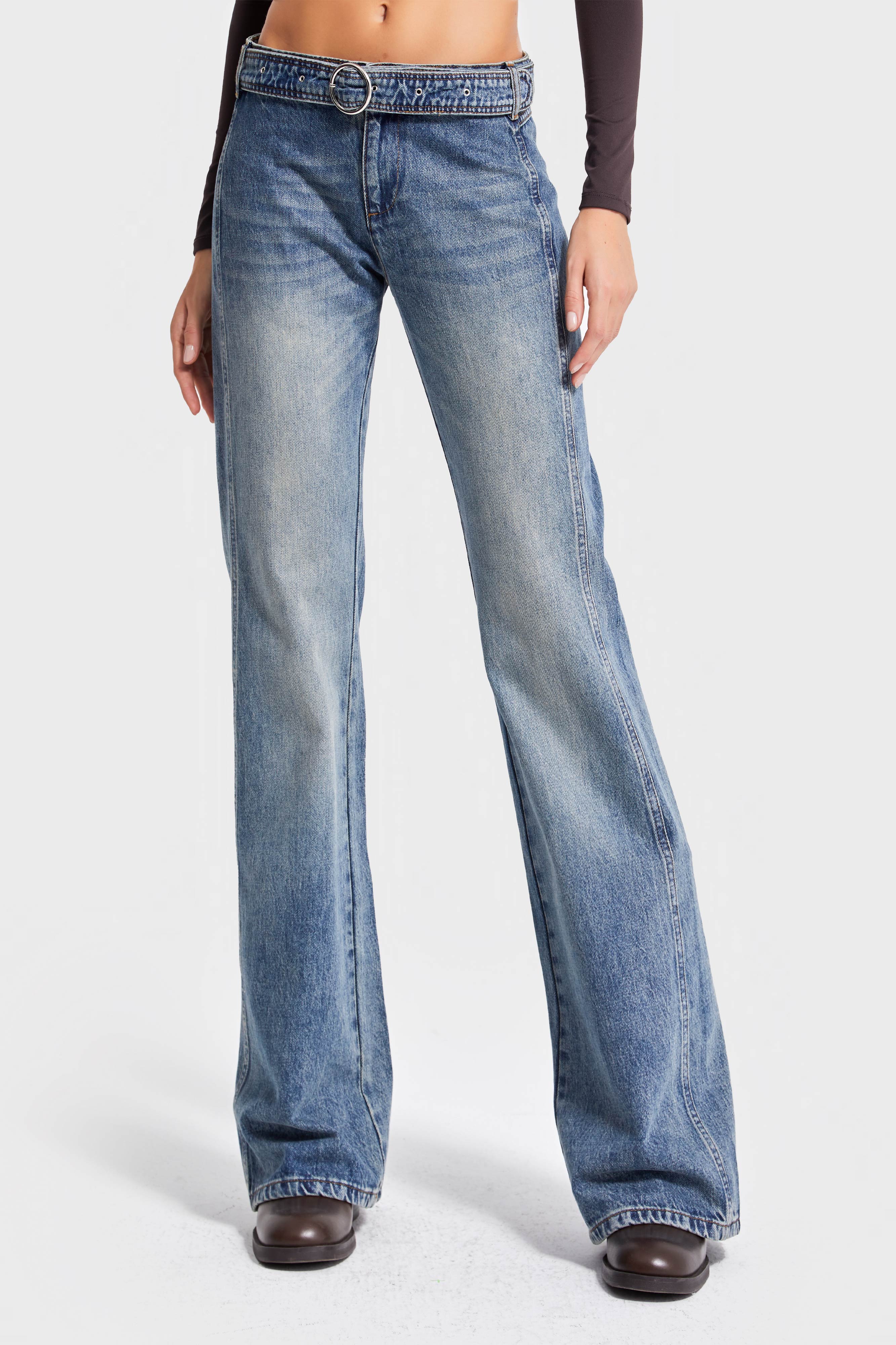 Kadın T.Kot Rengi 4w5-32 Flare Fit Midrise Orta Bel Viskon Kumaş Kemer Detaylı Özel Tasarım Denim Jean
