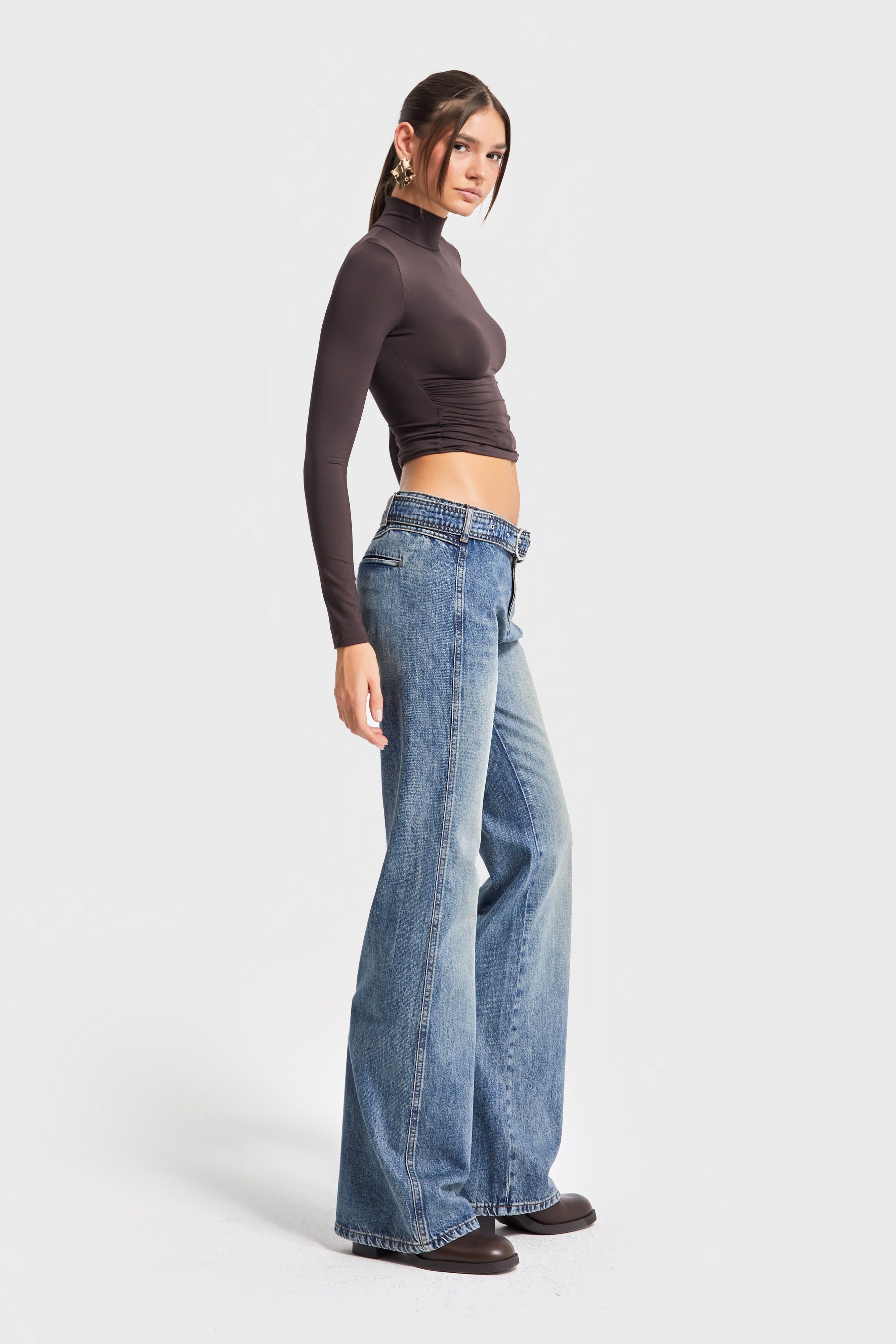 Kadın T.Kot Rengi 4w5-32 Flare Fit Midrise Orta Bel Viskon Kumaş Kemer Detaylı Özel Tasarım Denim Jean