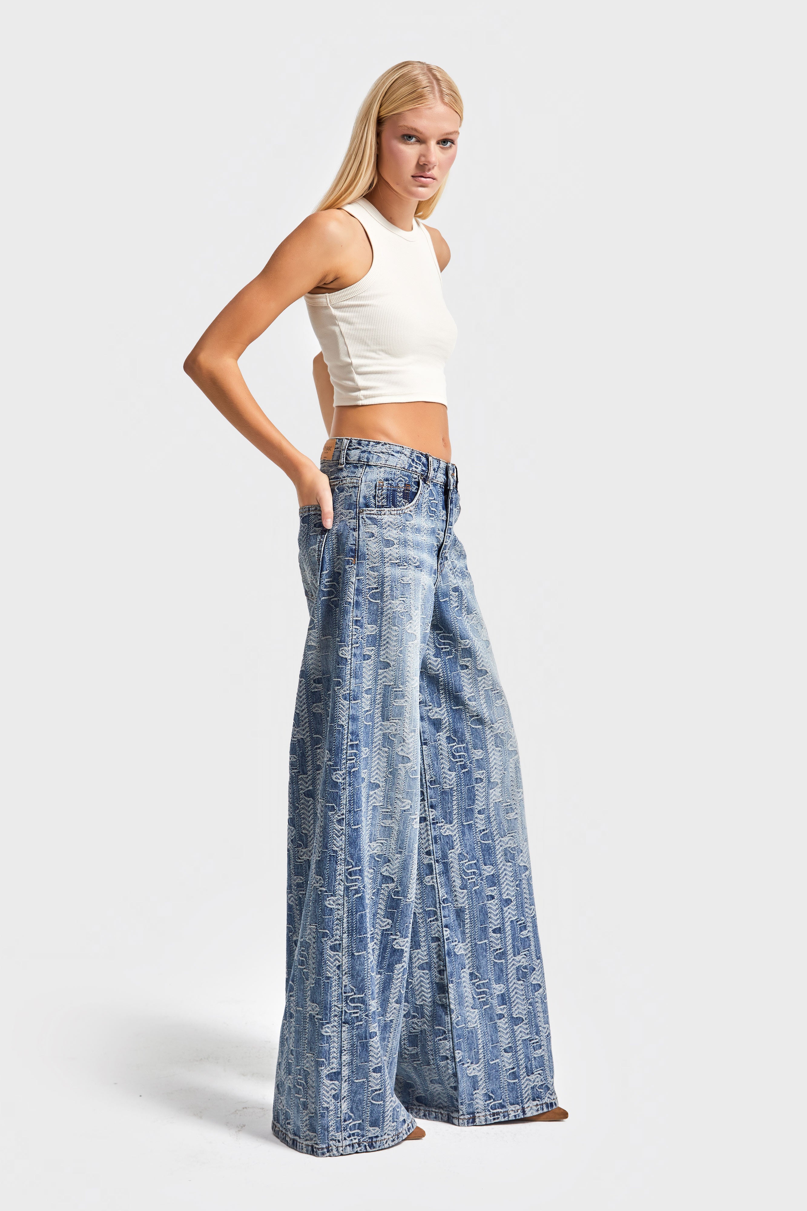 Kadın T.Kot Rengi 4w5-32 Palazzo Fit %100 Koton Özel Tasarım Kumaş Denim Jean