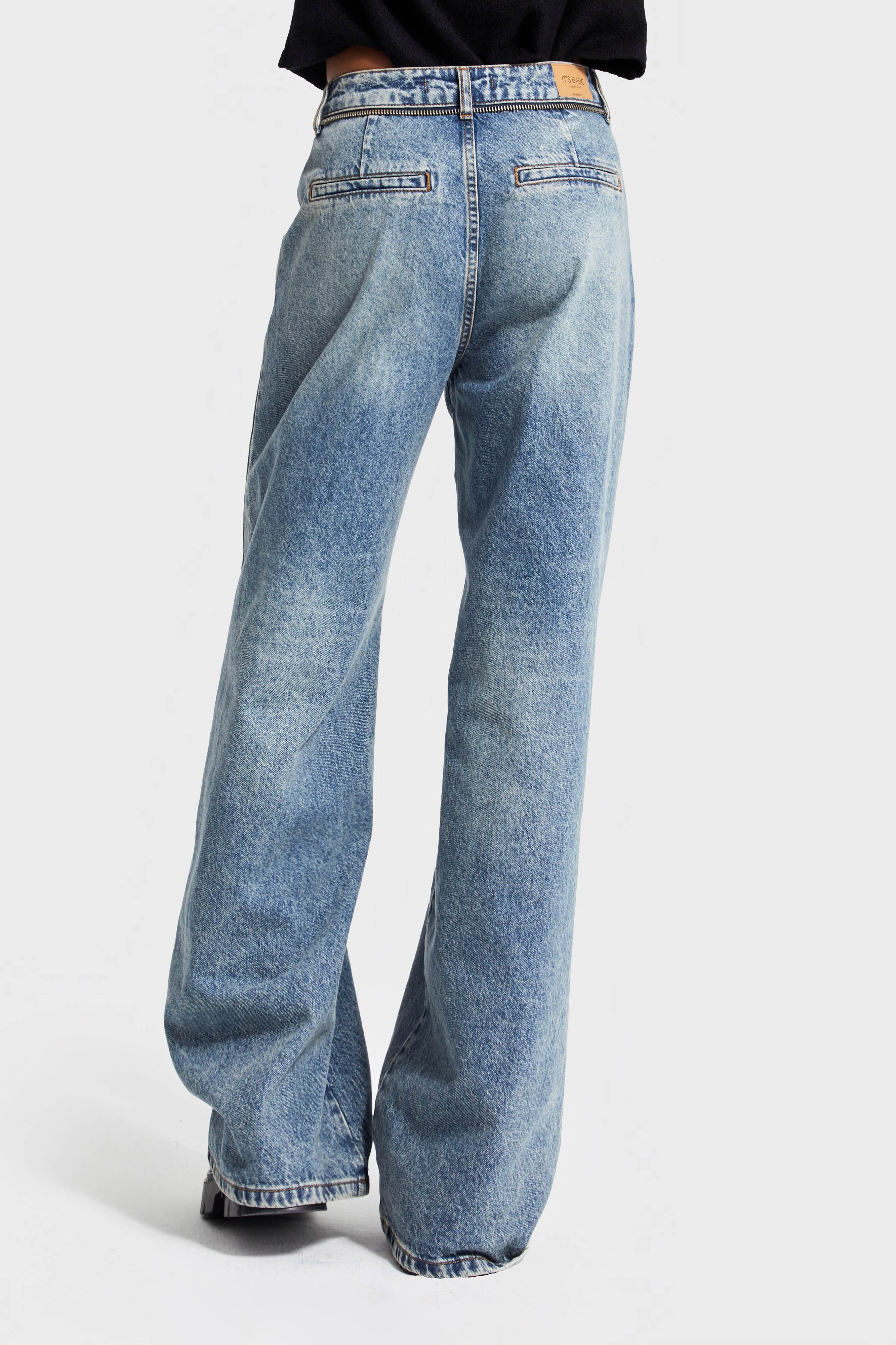 Kadın T.Kot Rengi 4W5-32 Wide Leg Baggy Fit Fermuar Aksesuarlı %100 Koton Denim Jean