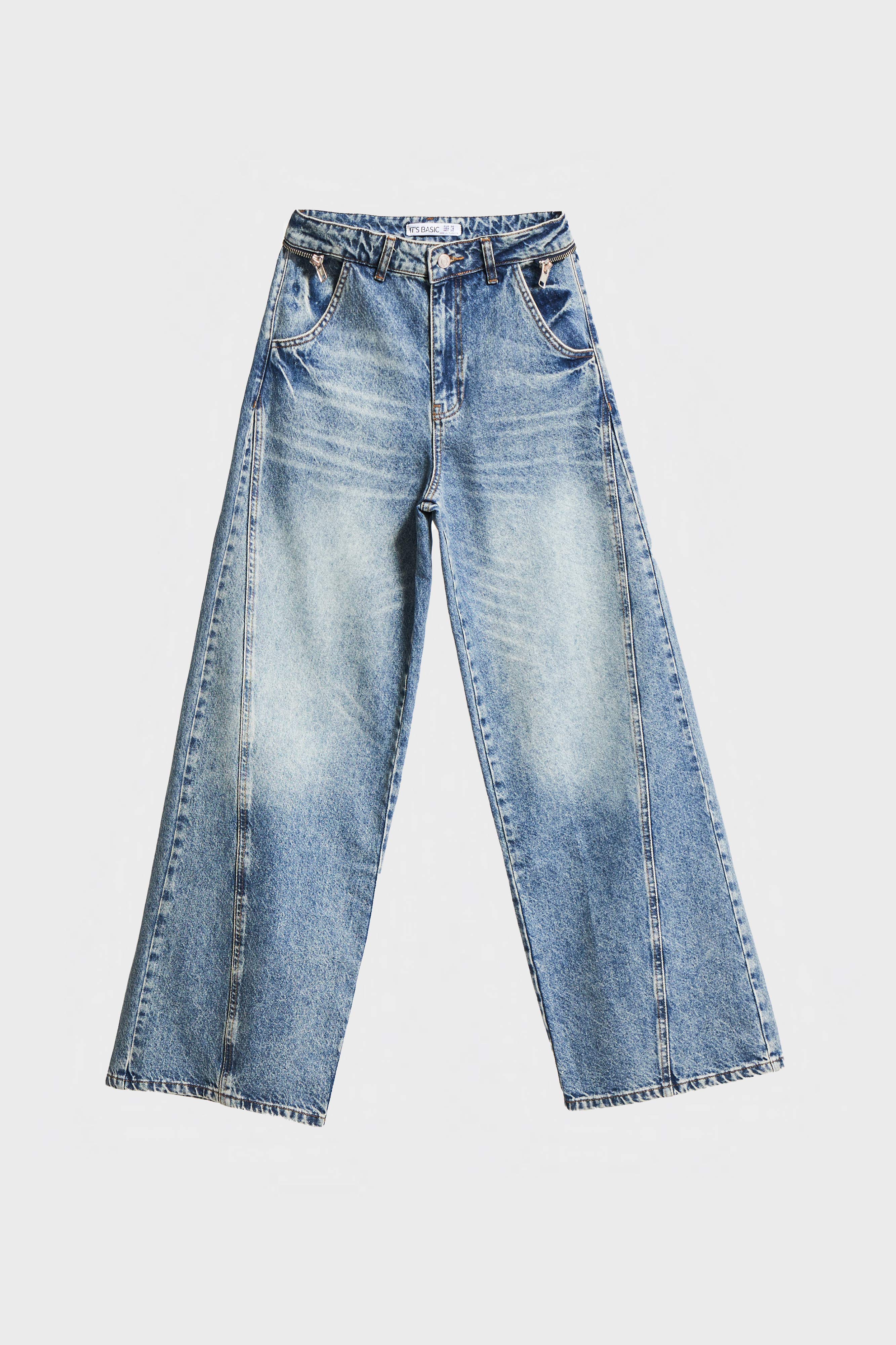 Kadın T.Kot Rengi 4W5-32 Wide Leg Baggy Fit Fermuar Aksesuarlı %100 Koton Denim Jean