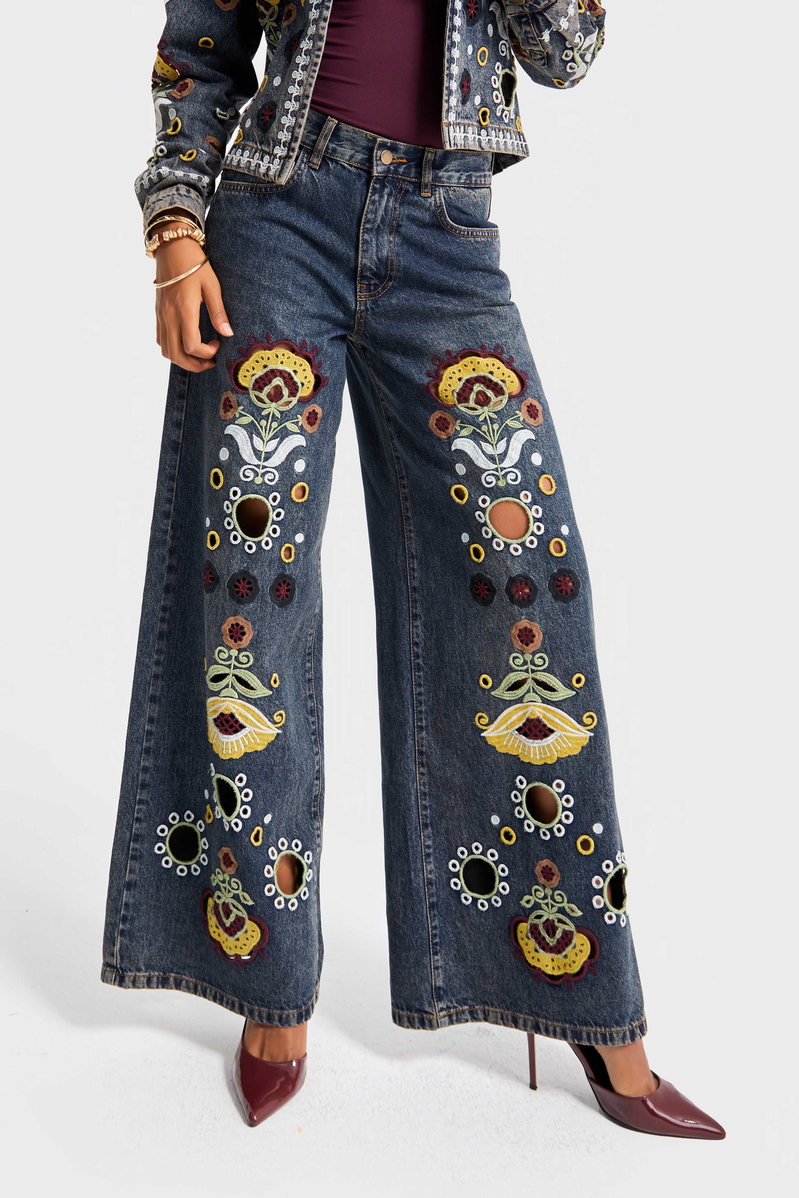 Kadın T.Kot Rengi 4w5-8 Palazzo Fit Özel Çiçek Nakışlı İç Boy 83cm Tasarım Denim Jean