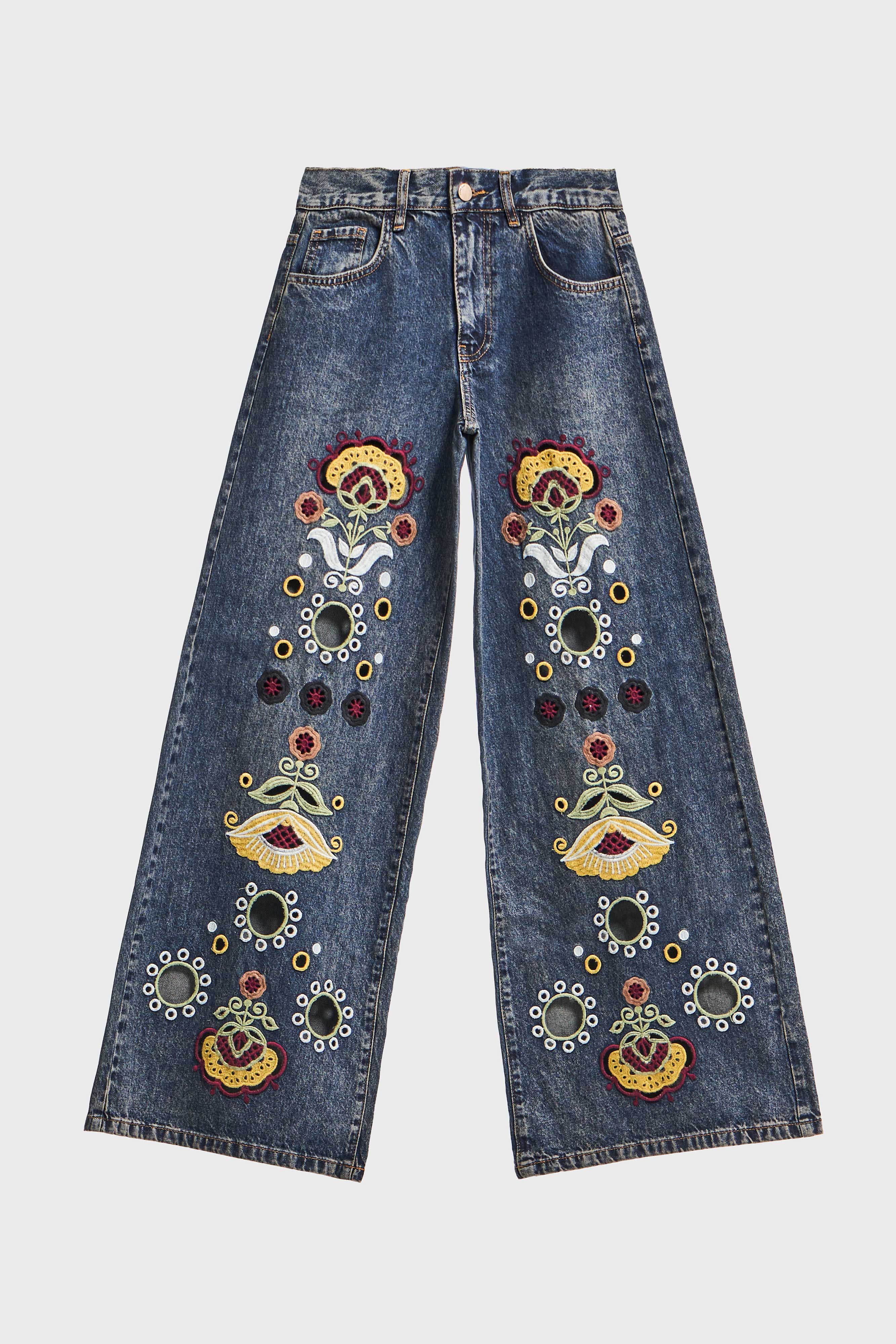 Kadın T.Kot Rengi 4w5-8 Palazzo Fit Özel Çiçek Nakışlı İç Boy 83cm Tasarım Denim Jean