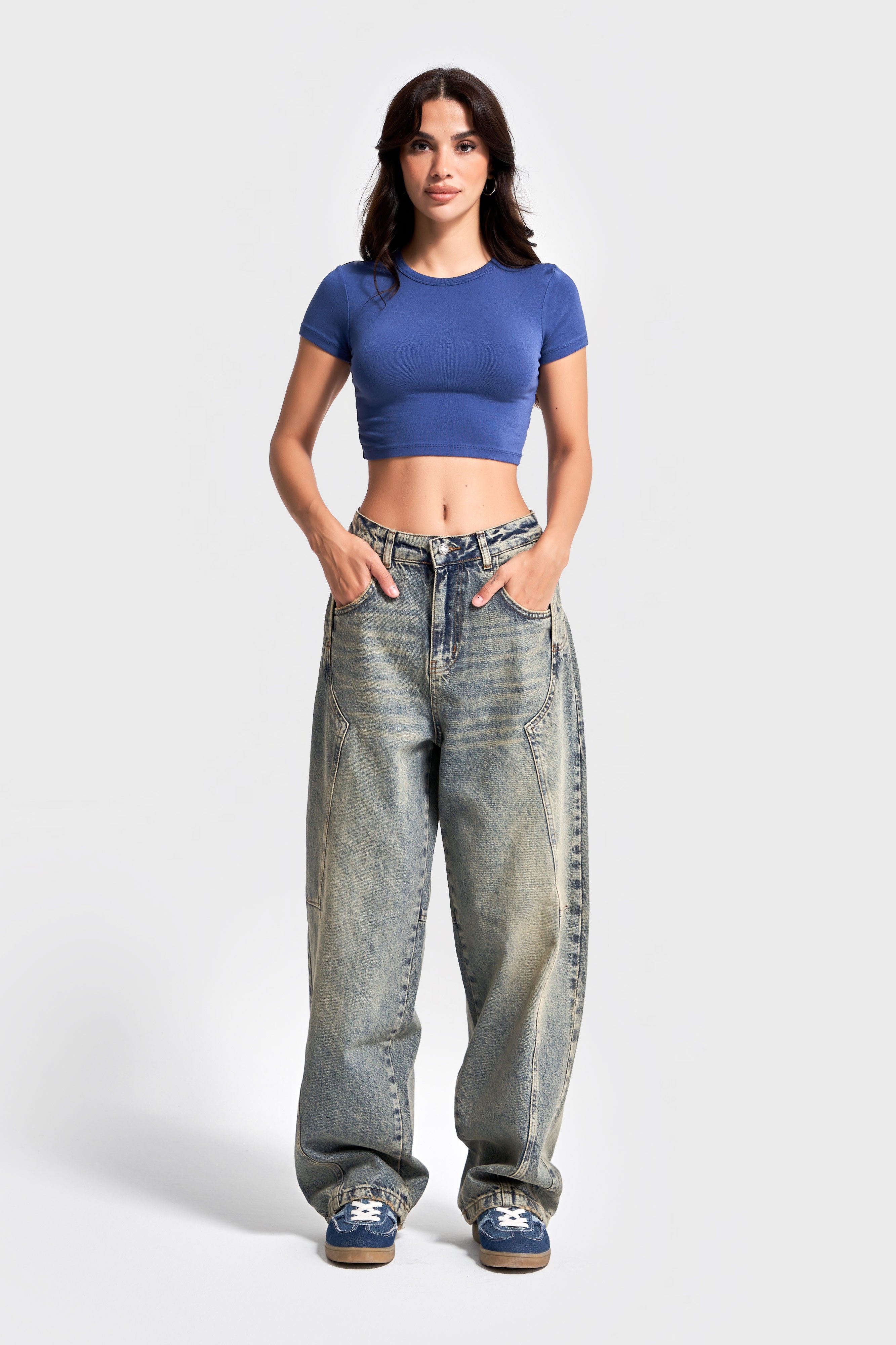 Kadın T.Kot Rengi 4w5-85 Barrel Fit Cep Detaylı %100 Koton Tasarım Denim Jean