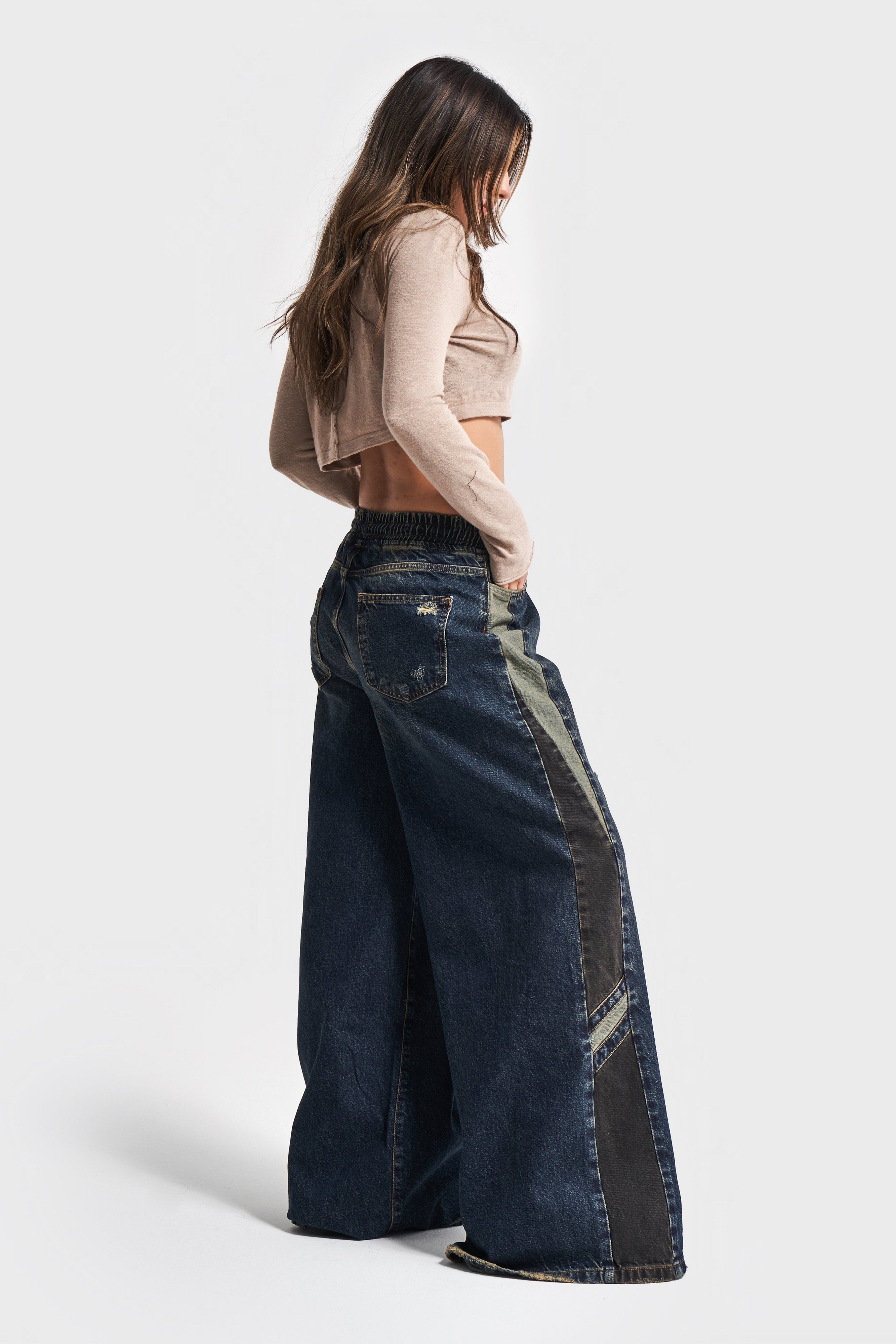 Women's T.Jeans Color Waist Elastic Side Detailed Palazzo Fit Design Denim