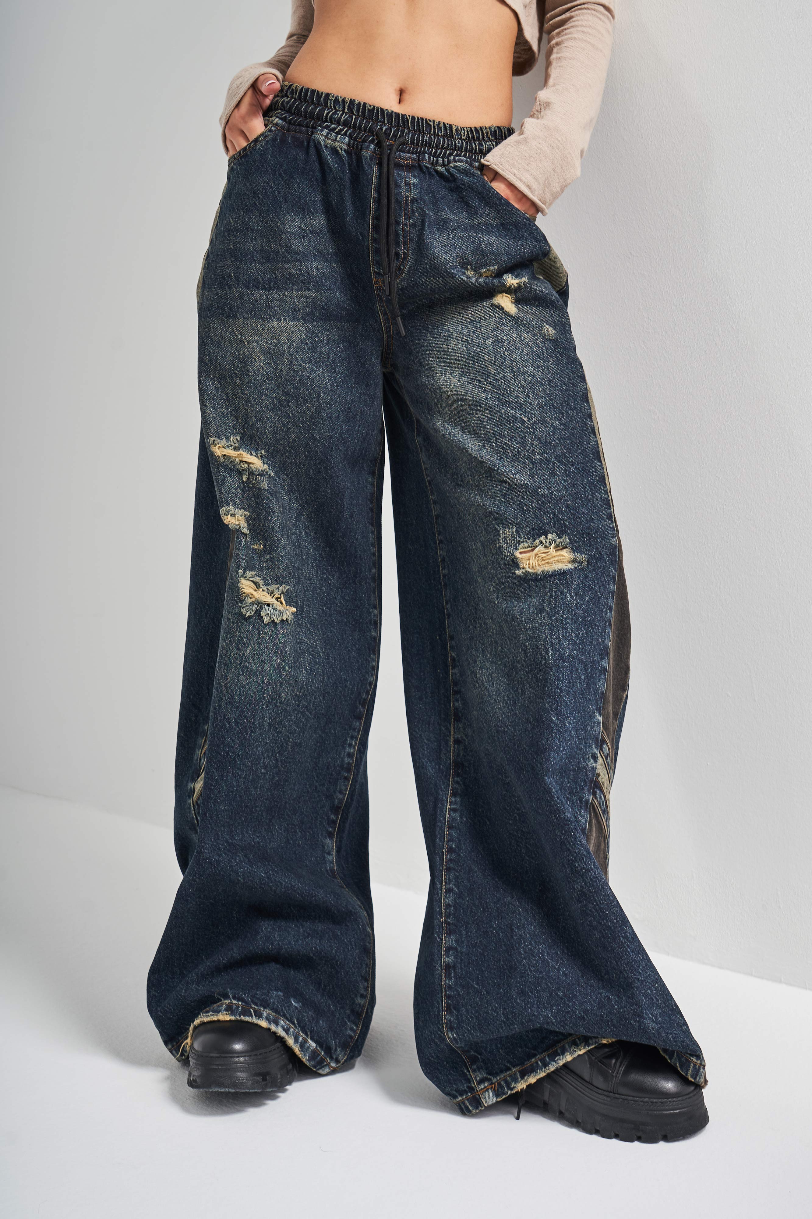 Women's T.Jeans Color Waist Elastic Side Detailed Palazzo Fit Design Denim