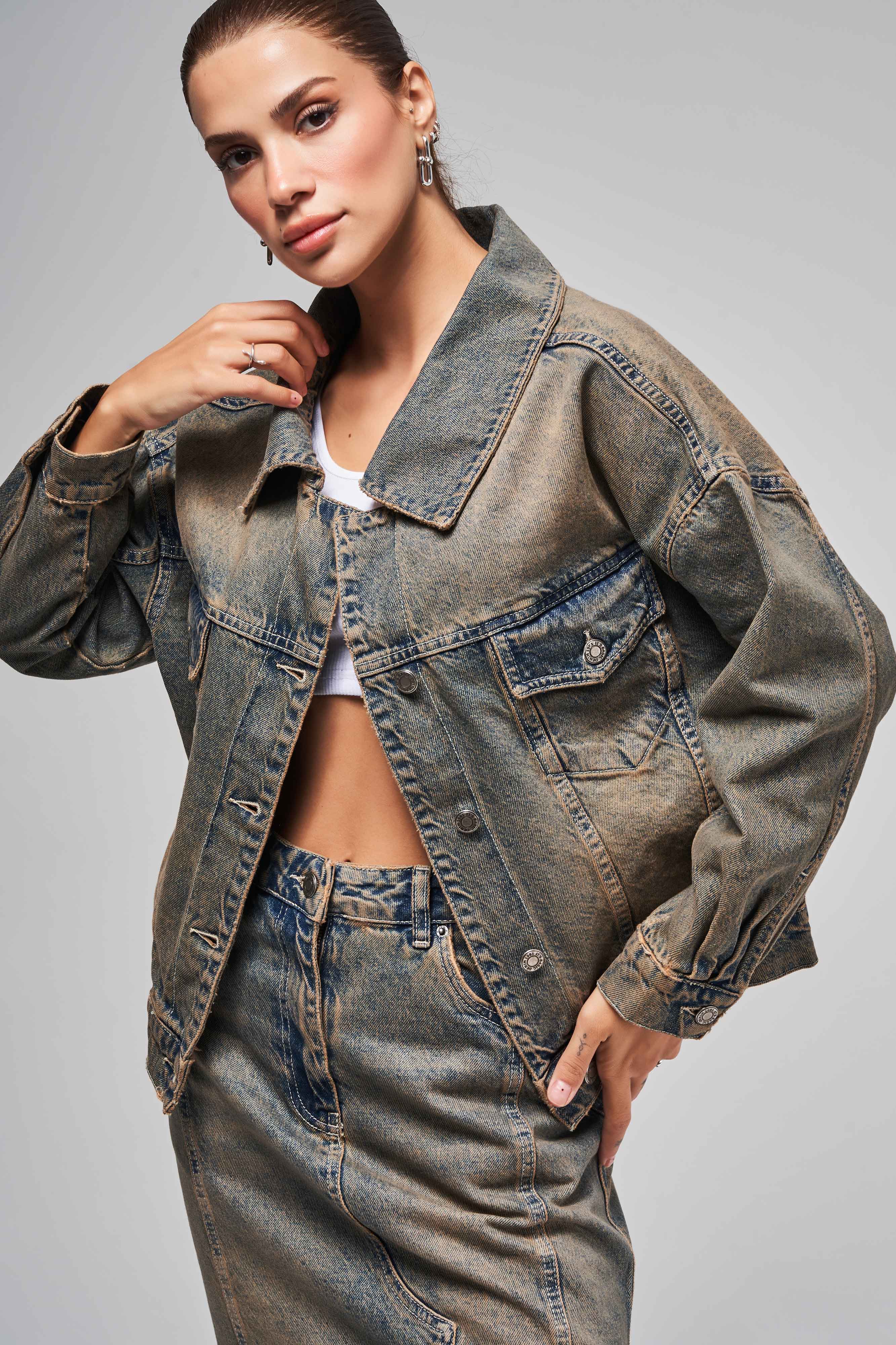 Women's T.Jeans Color Loose Cut Wide Collar Denim Jacket