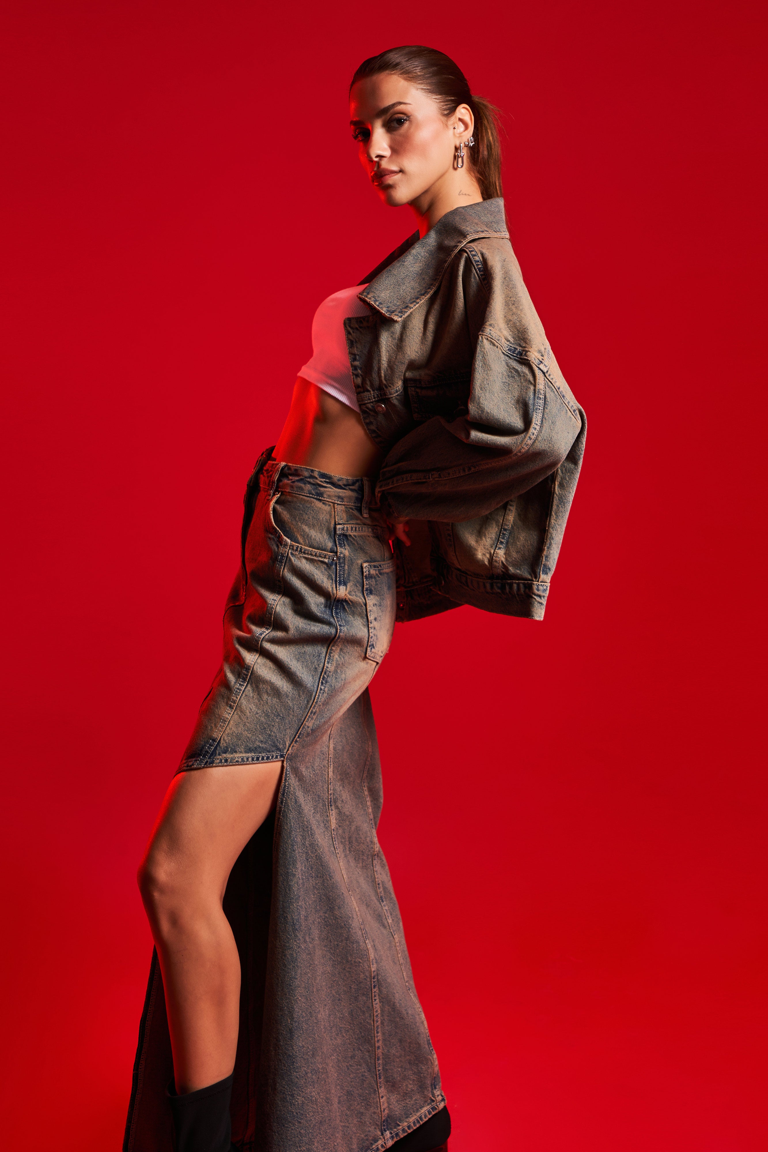 Women's T.Jeans Color Loose Cut Wide Collar Denim Jacket