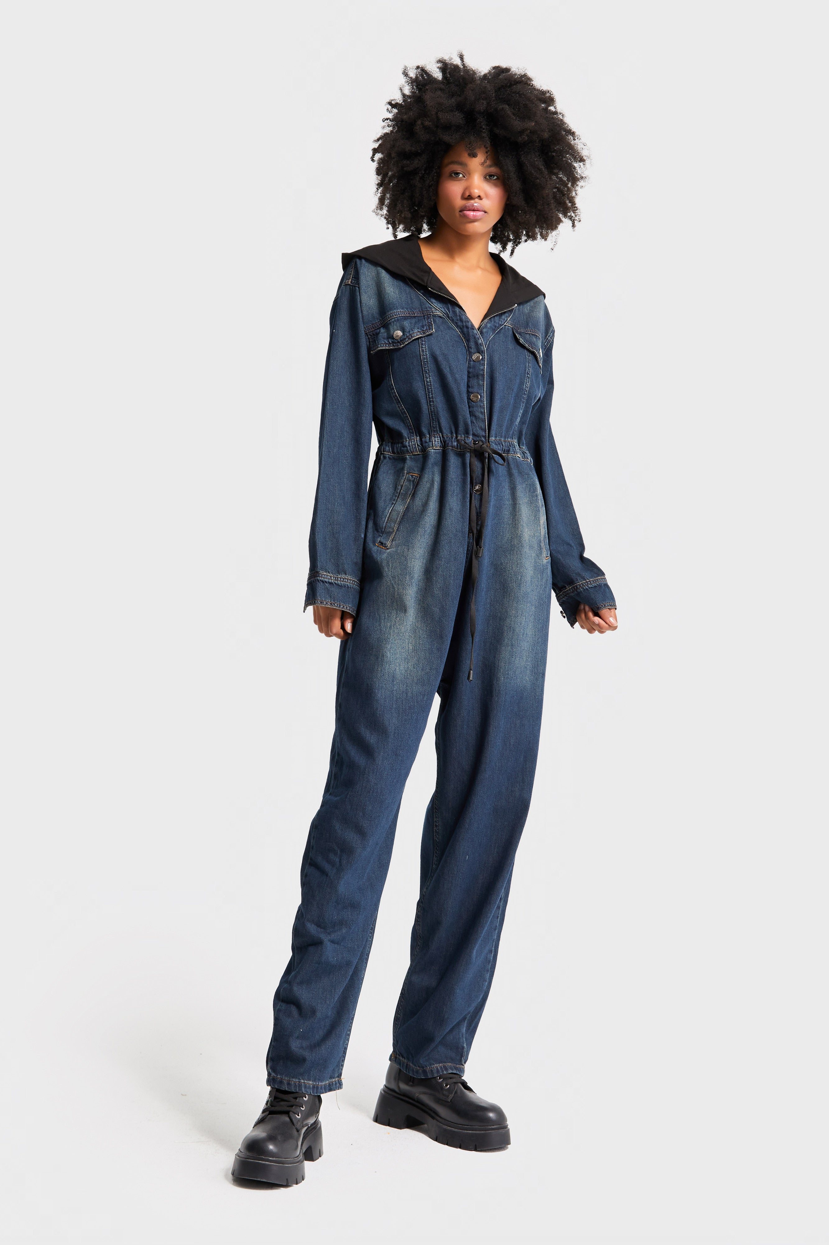 Kadın T.Kot Rengi Bol Kesim Kapişonlu Özel Tasarım Denim Tulum