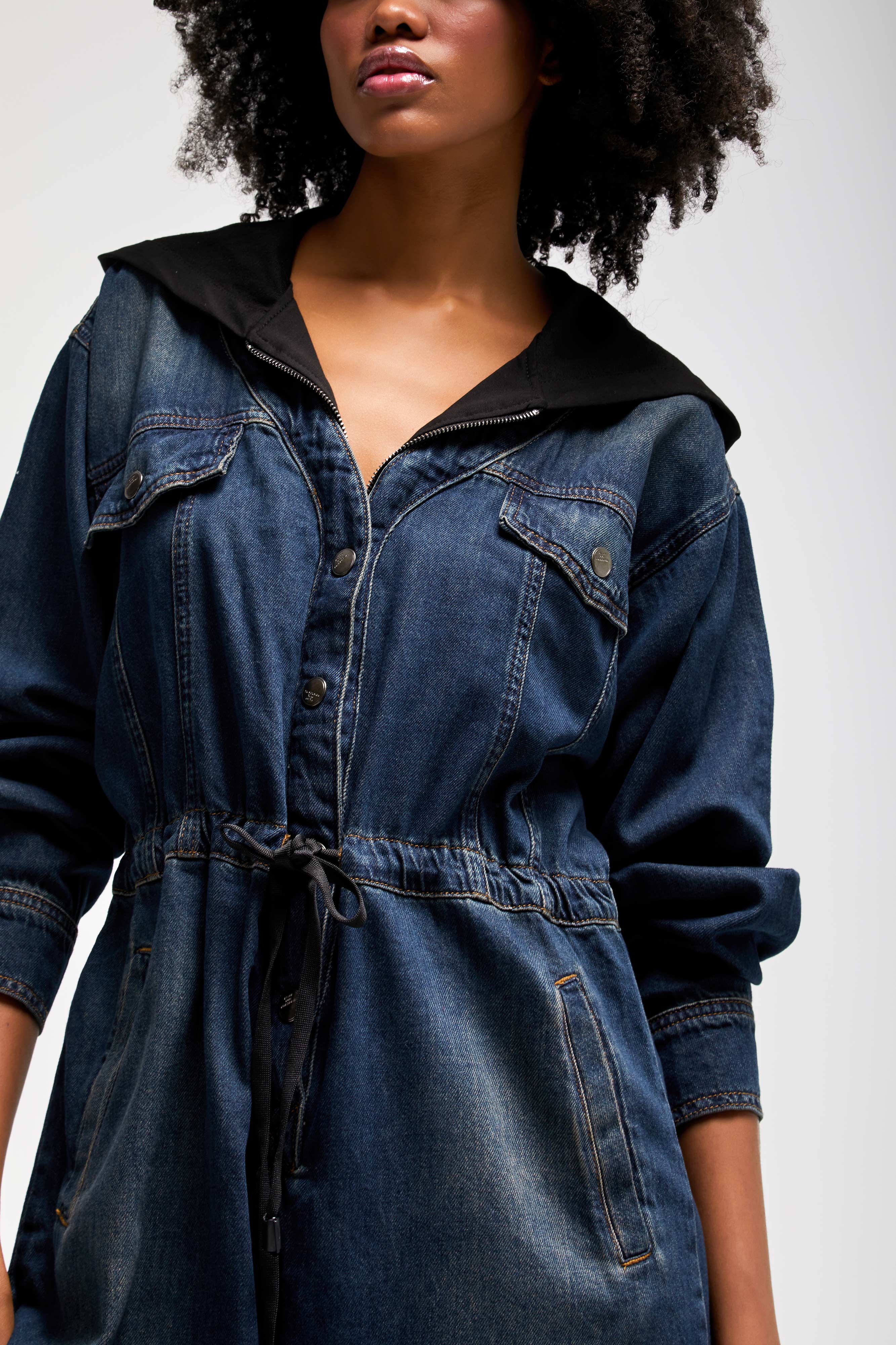 Kadın T.Kot Rengi Bol Kesim Kapişonlu Özel Tasarım Denim Tulum