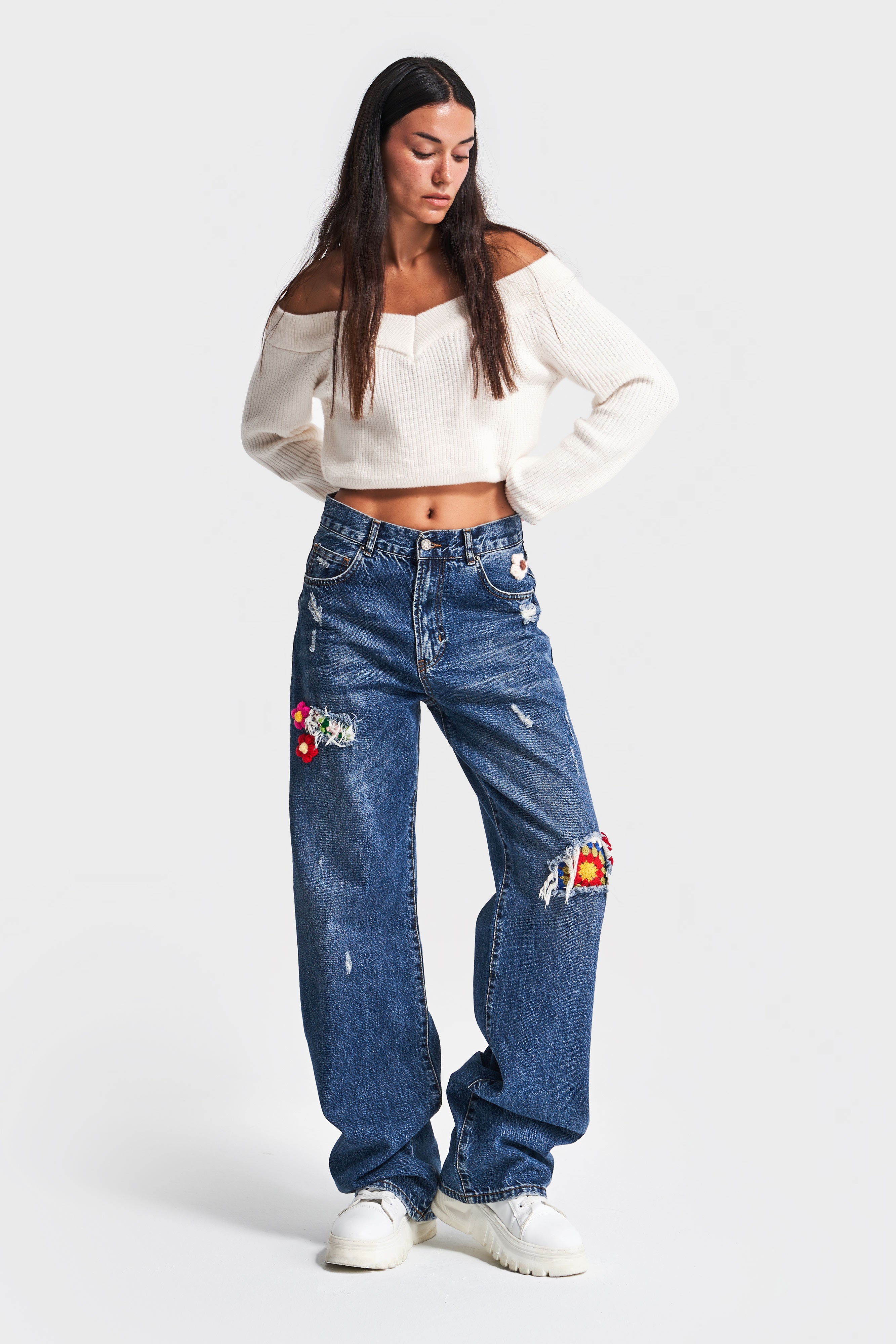 Women's T.Jeans Color Ethnic Rose Pattern Loose Fit Design Denim