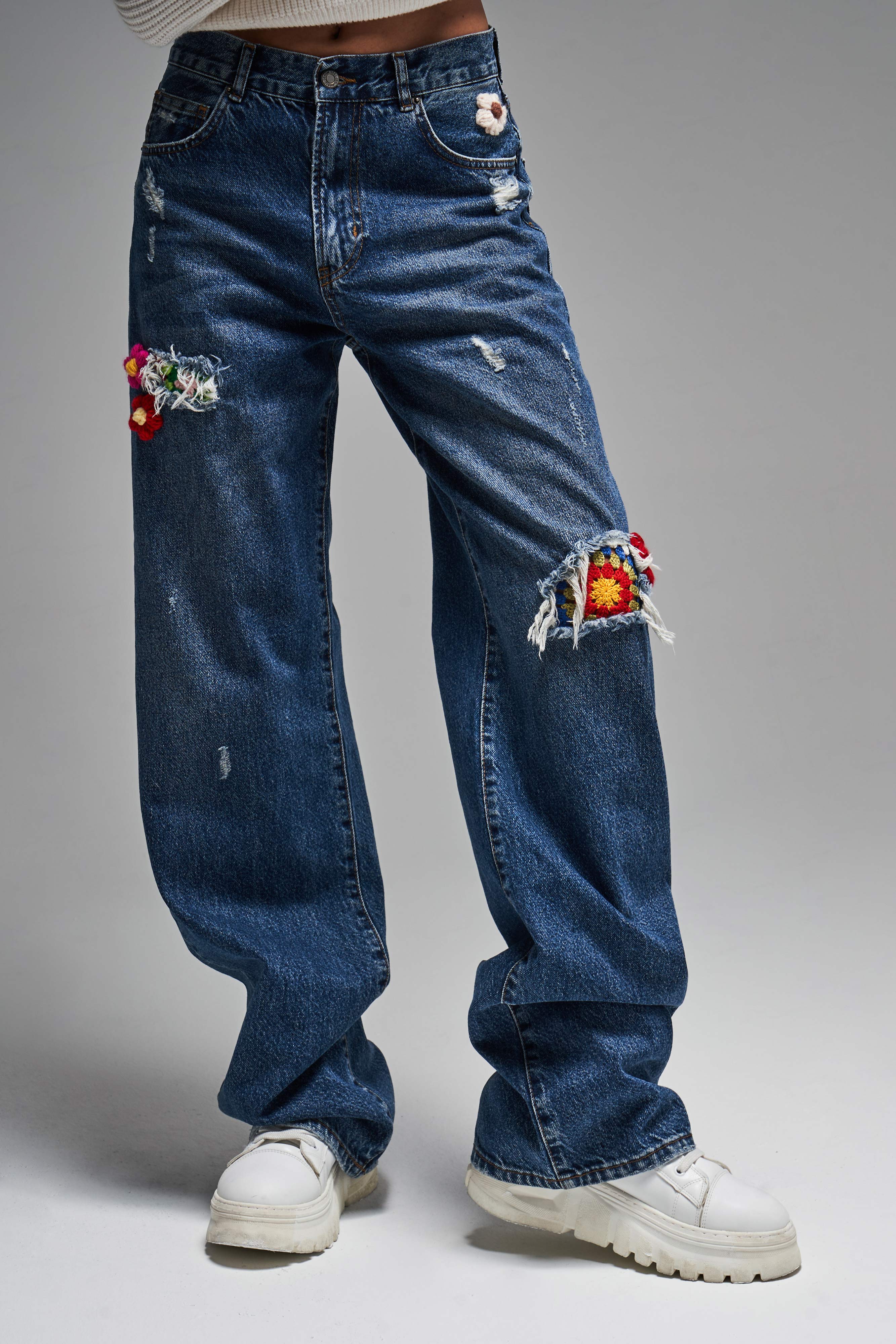 Women's T.Jeans Color Ethnic Rose Pattern Loose Fit Design Denim