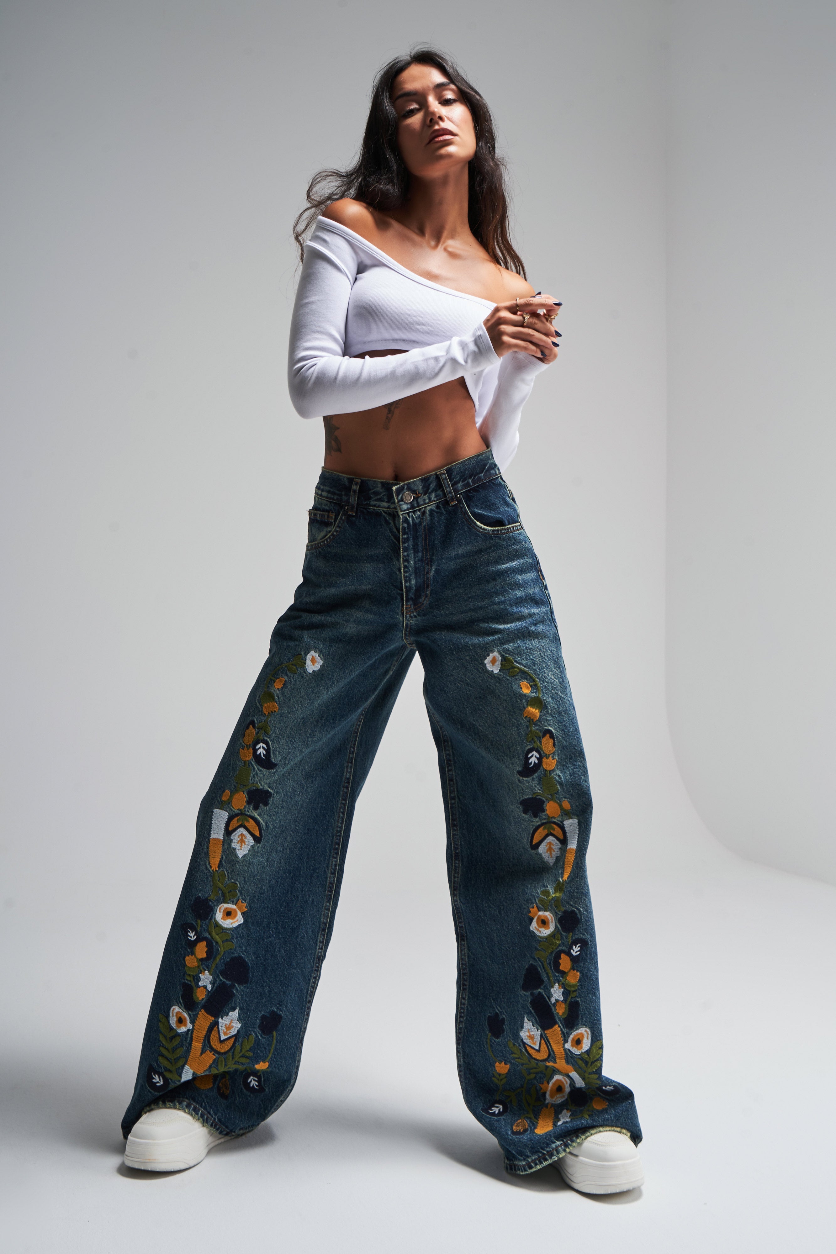 Kadın T.Kot Rengi Nakışlı Tasarım Palazzo Fit Denim