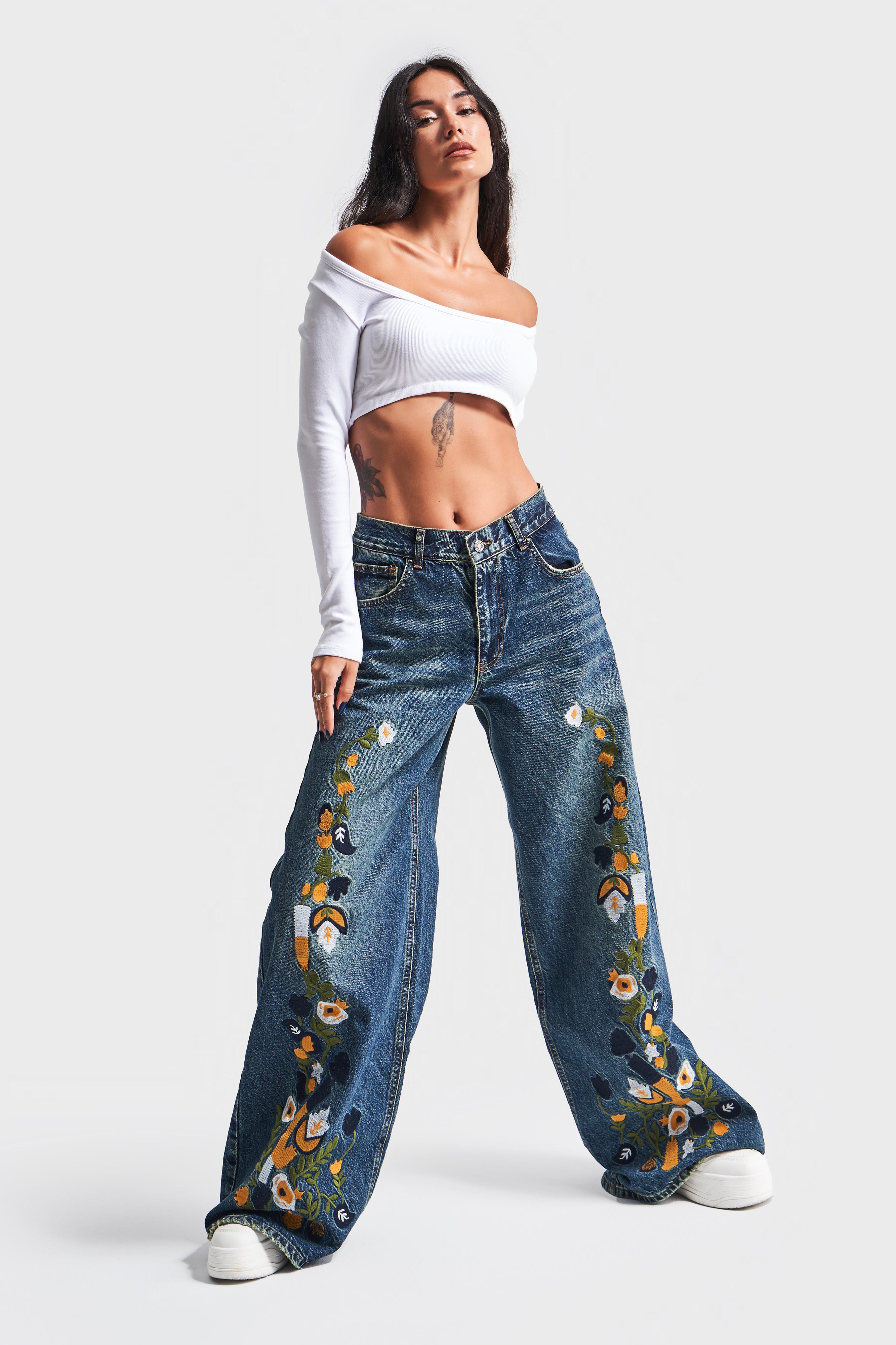 Kadın T.Kot Rengi Nakışlı Tasarım Palazzo Fit Denim