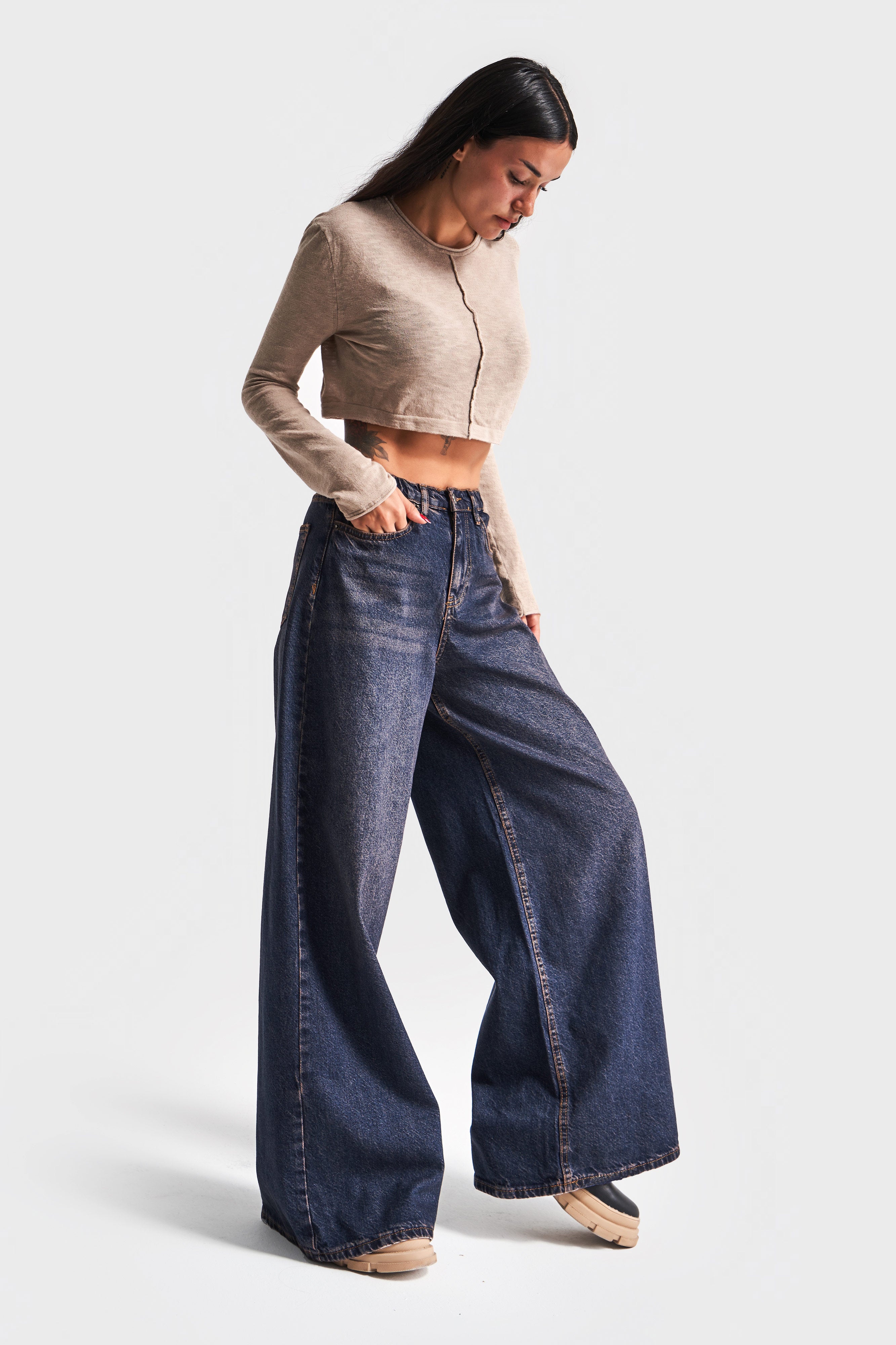 Women's T.Jeans Color Palazzo Fit Elastic Waist Denim