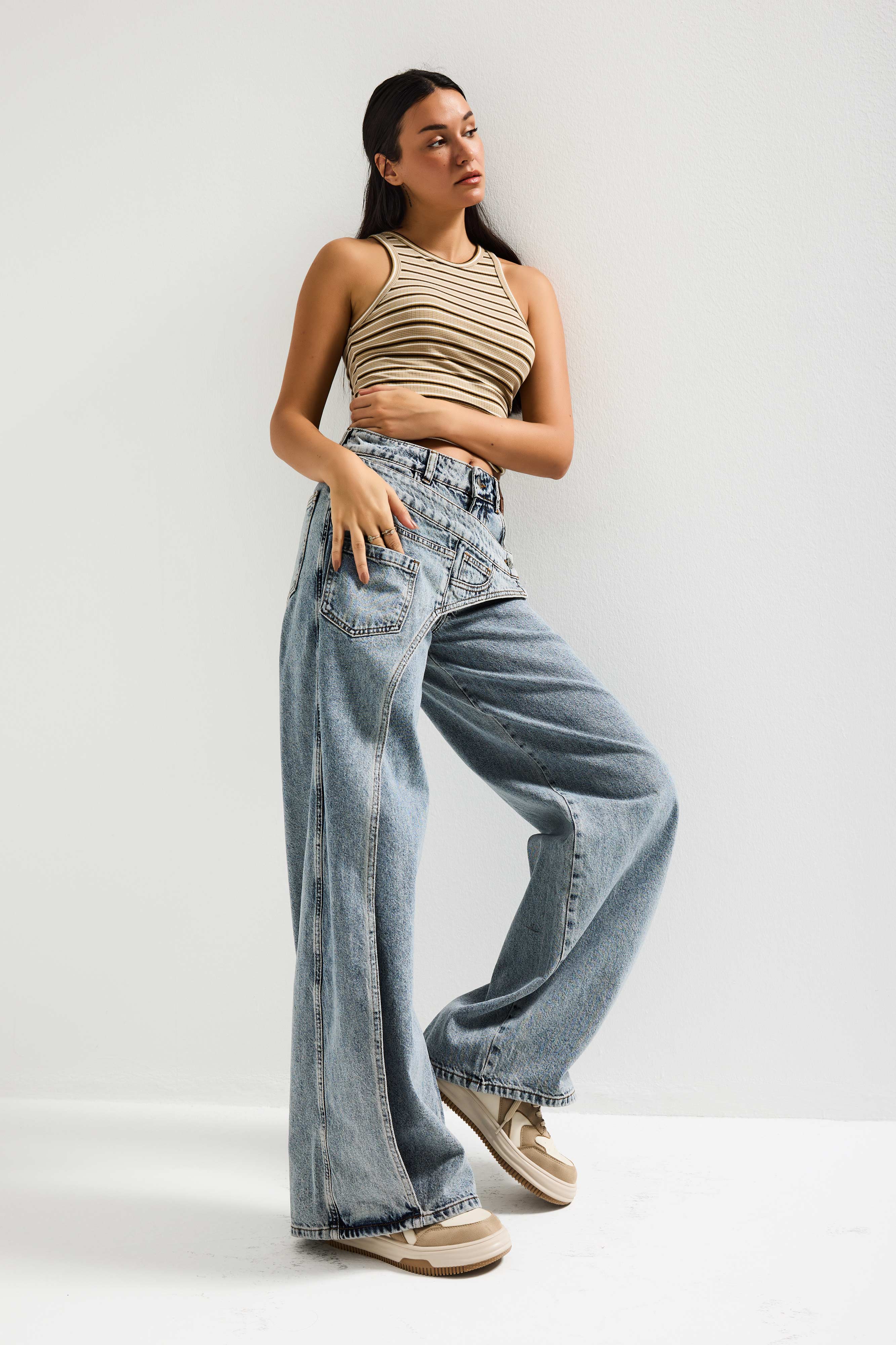 Kadın T.Kot Rengi Palazzo Fit Çift Kemer Detaylı Özel Tasarım Denim Jean