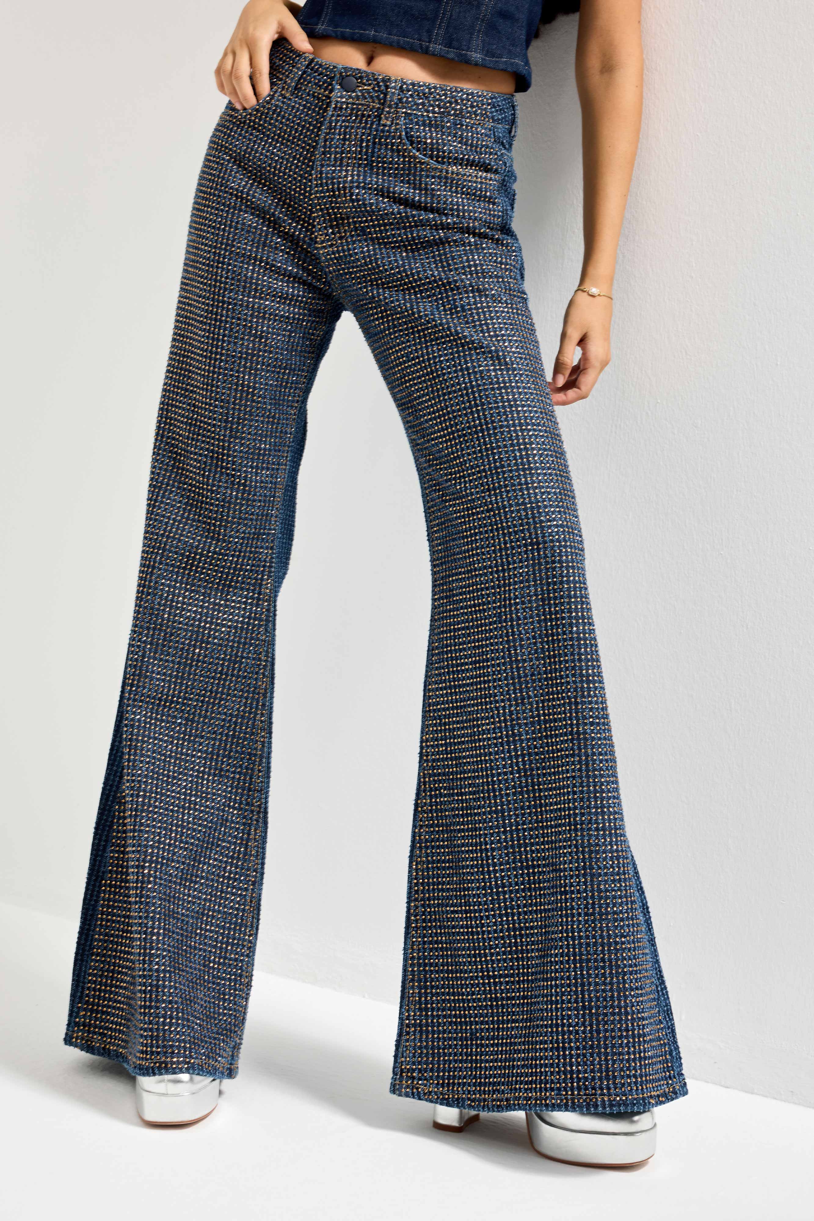 Kadın T.Kot Rengi T-1w5-7 Flare Fit Önü Parlak Taşlı Özel Tasarım Denim Jean