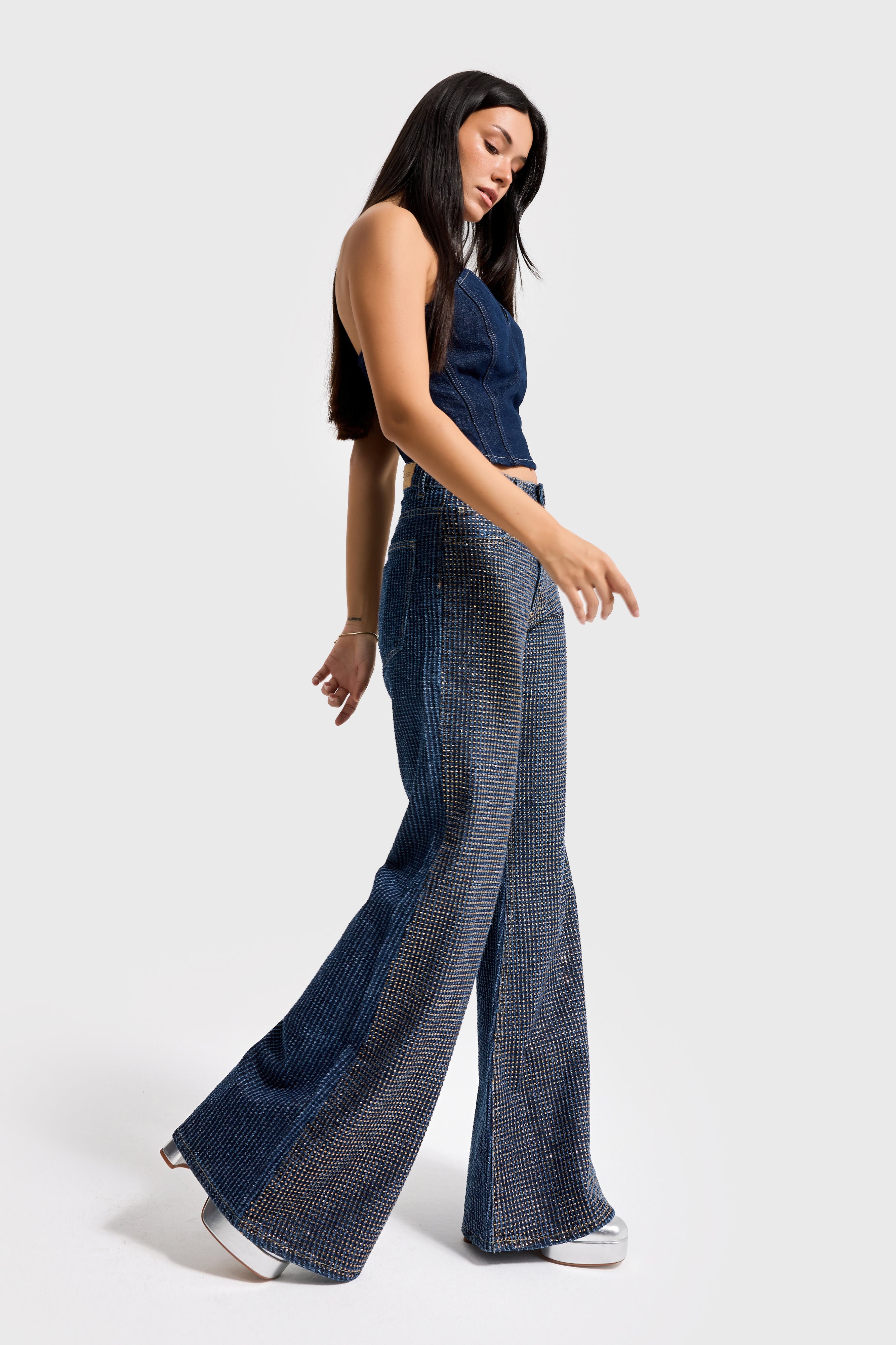 Kadın T.Kot Rengi T-1w5-7 Flare Fit Önü Parlak Taşlı Özel Tasarım Denim Jean