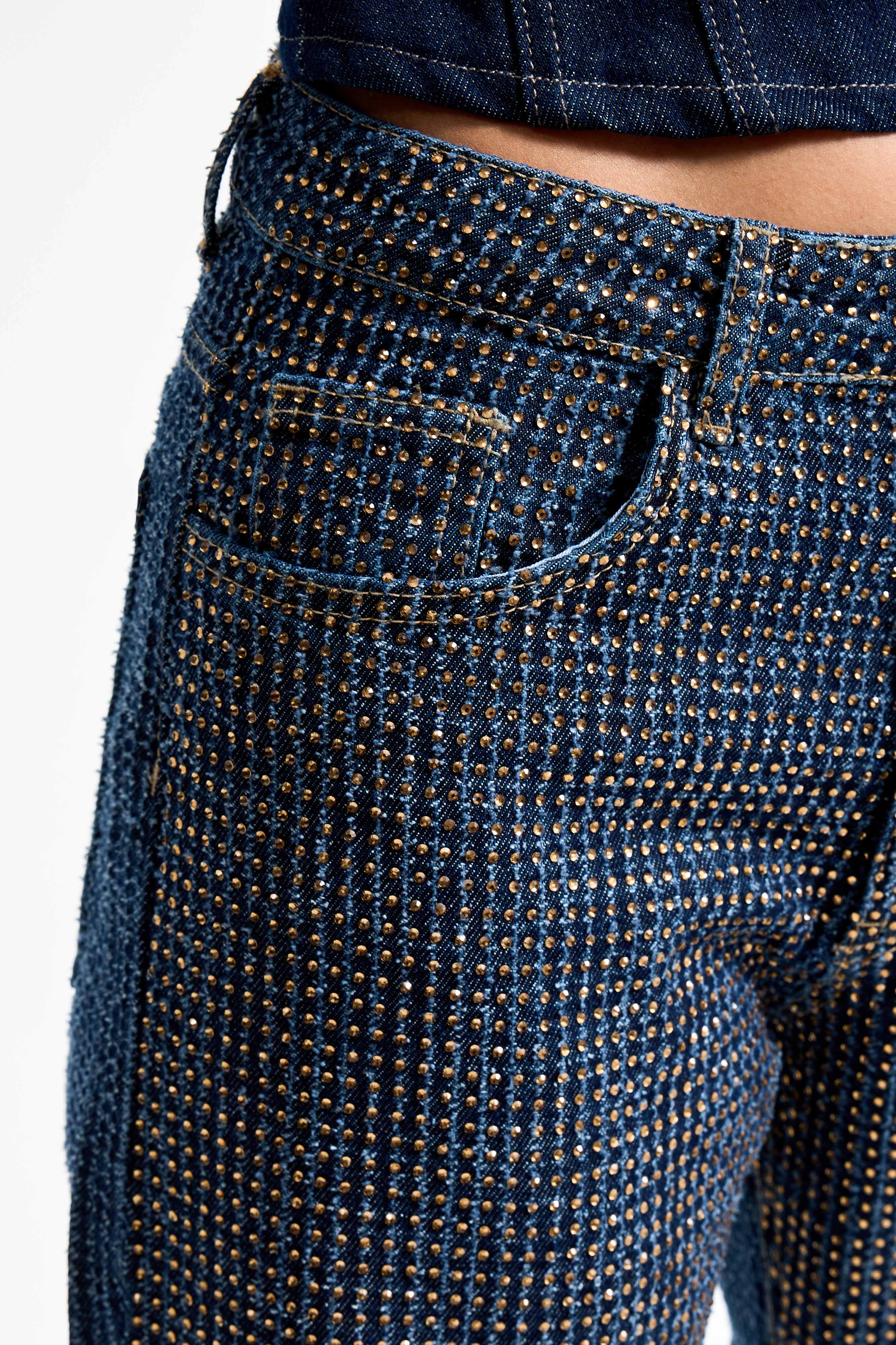 Kadın T.Kot Rengi T-1w5-7 Flare Fit Önü Parlak Taşlı Özel Tasarım Denim Jean