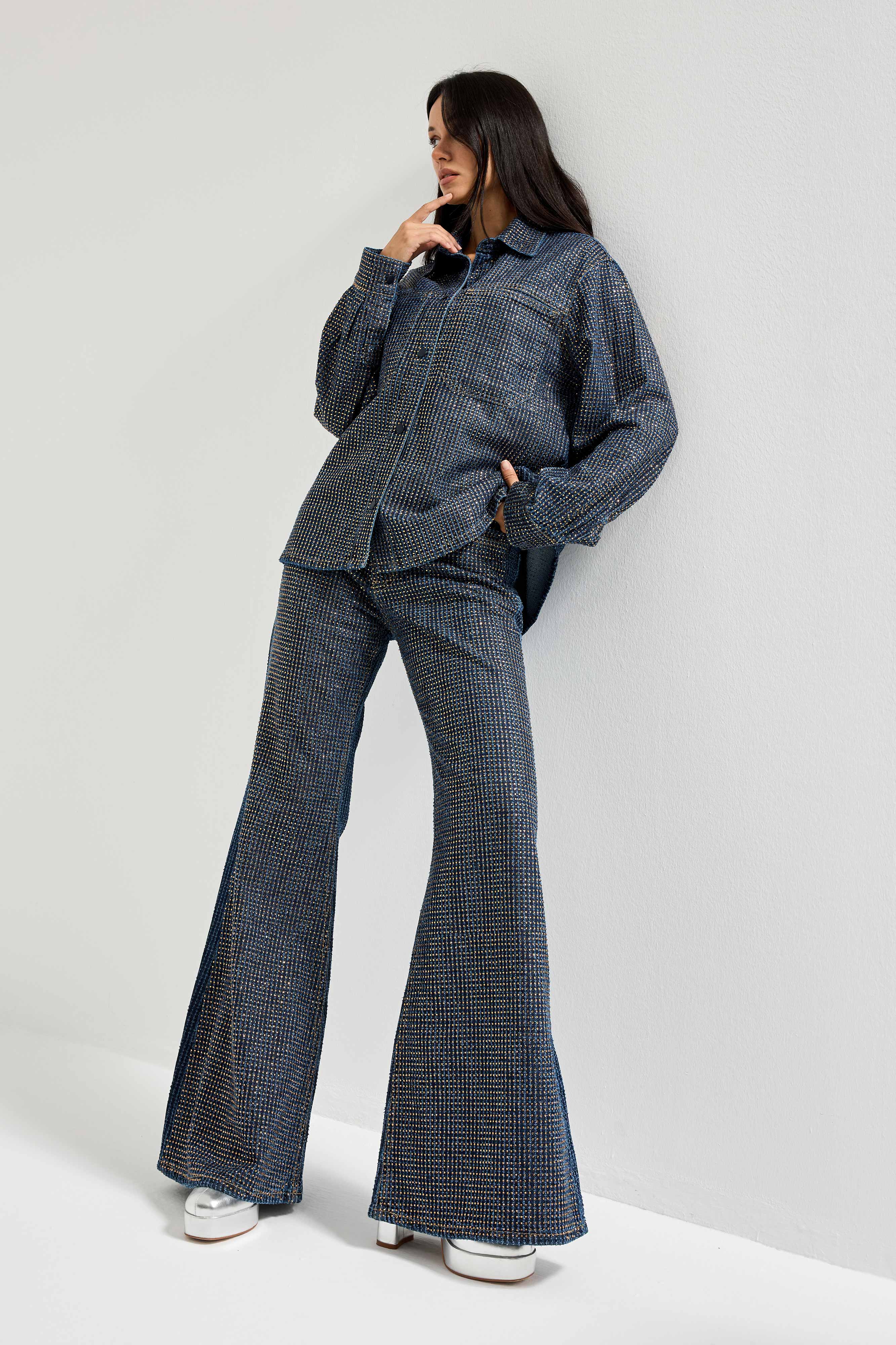 Kadın T.Kot Rengi T-1w5-7 Flare Fit Önü Parlak Taşlı Özel Tasarım Denim Jean