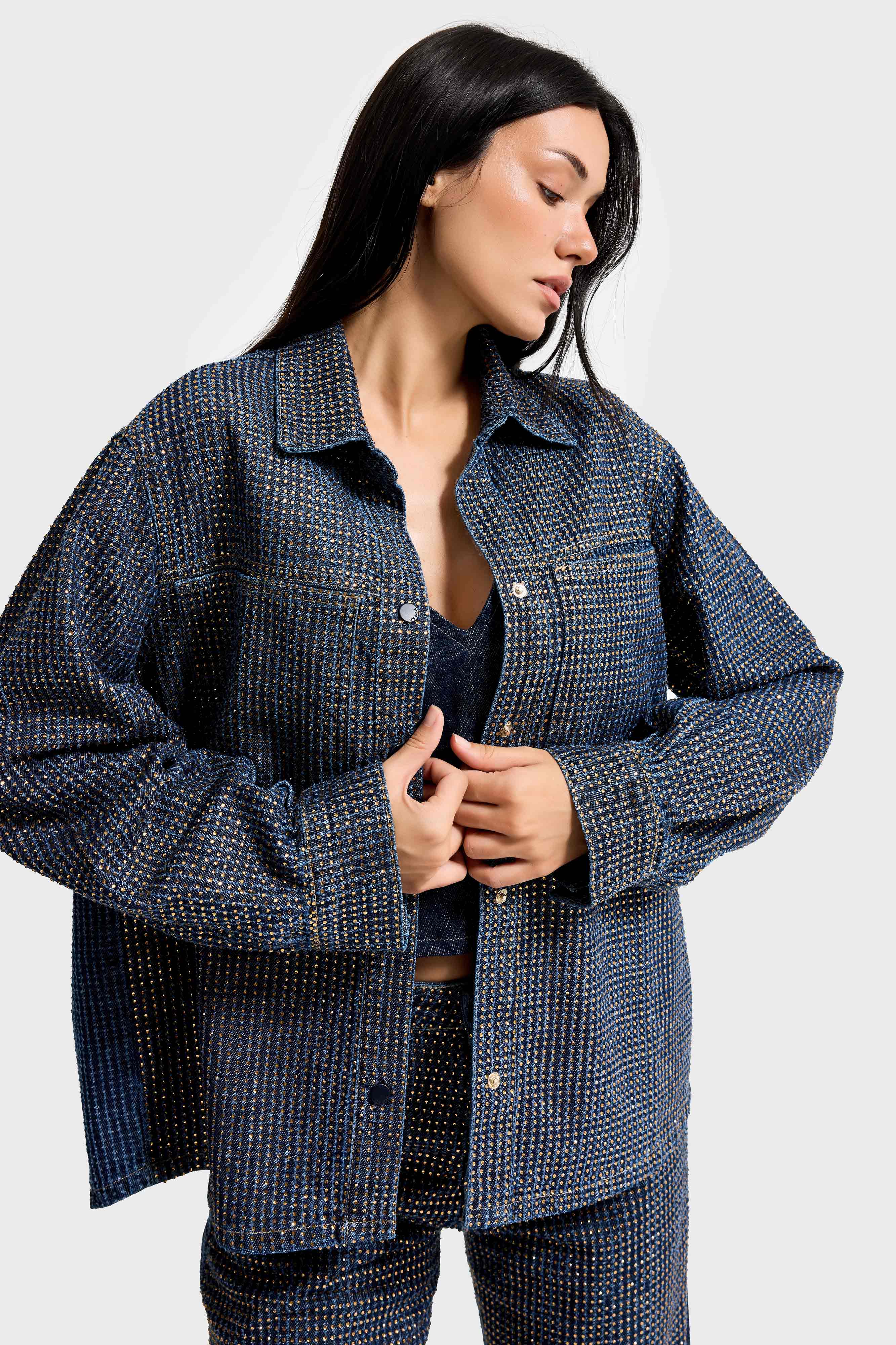 Kadın T.Kot Rengi T-1w5-7 Oversize Parlak Taşlı Özel Tasarım Denim Ceket