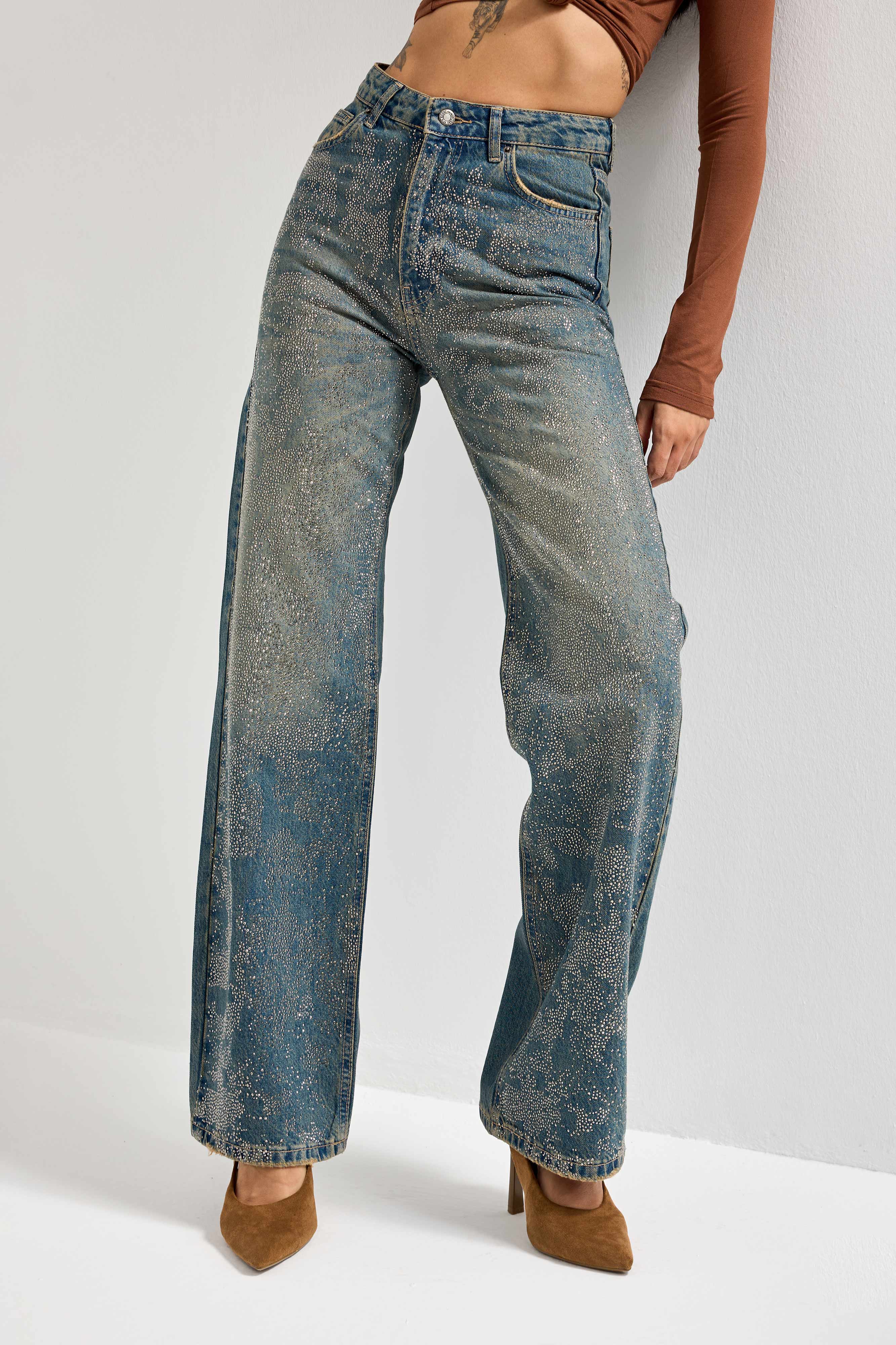 Kadın T.Kot Rengi T-2w5-8 Straight Fit Yüksek Bel Parlak Taşlı Özel Tasarım Denim Jean