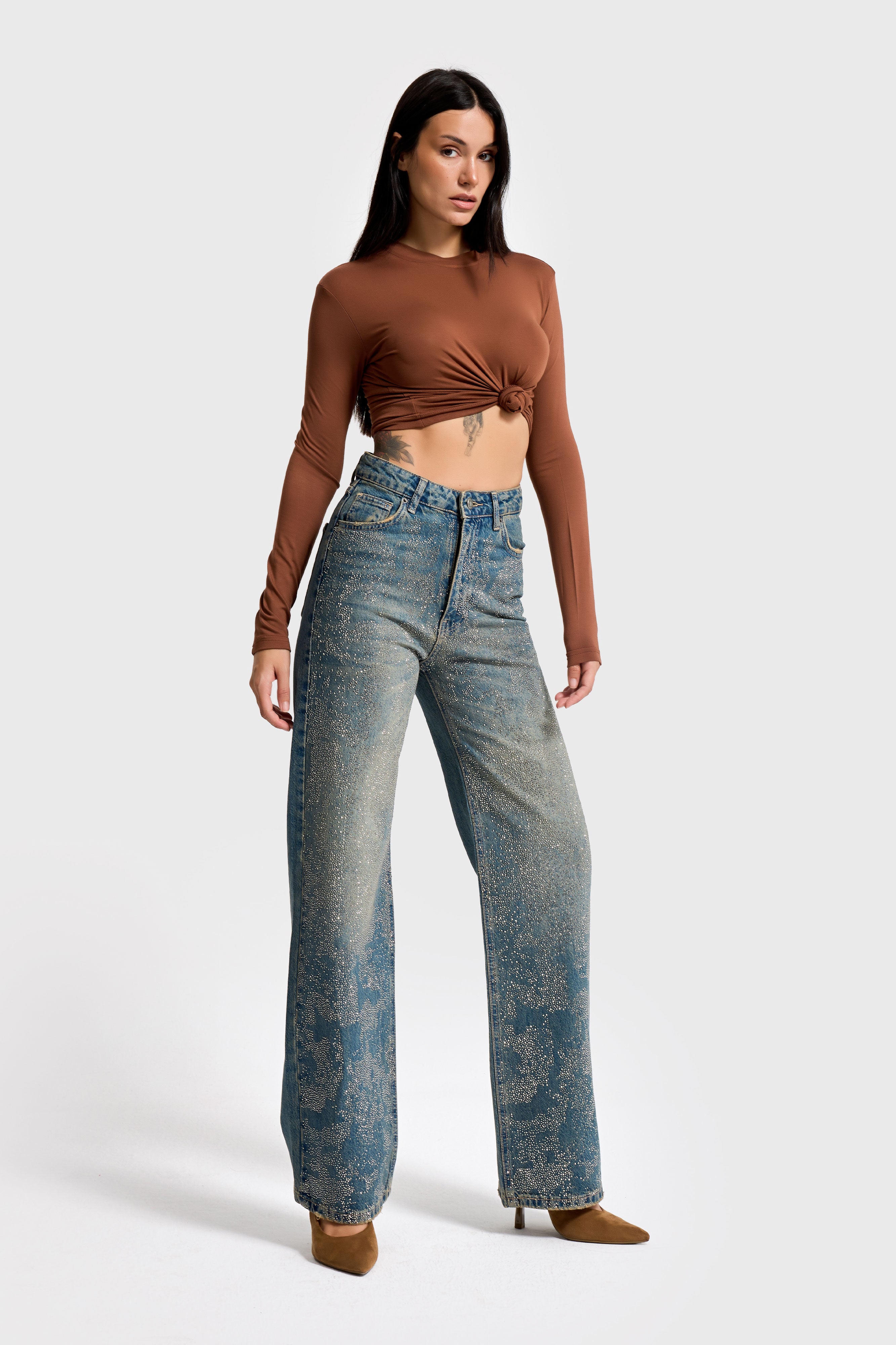 Kadın T.Kot Rengi T-2w5-8 Straight Fit Yüksek Bel Parlak Taşlı Özel Tasarım Denim Jean