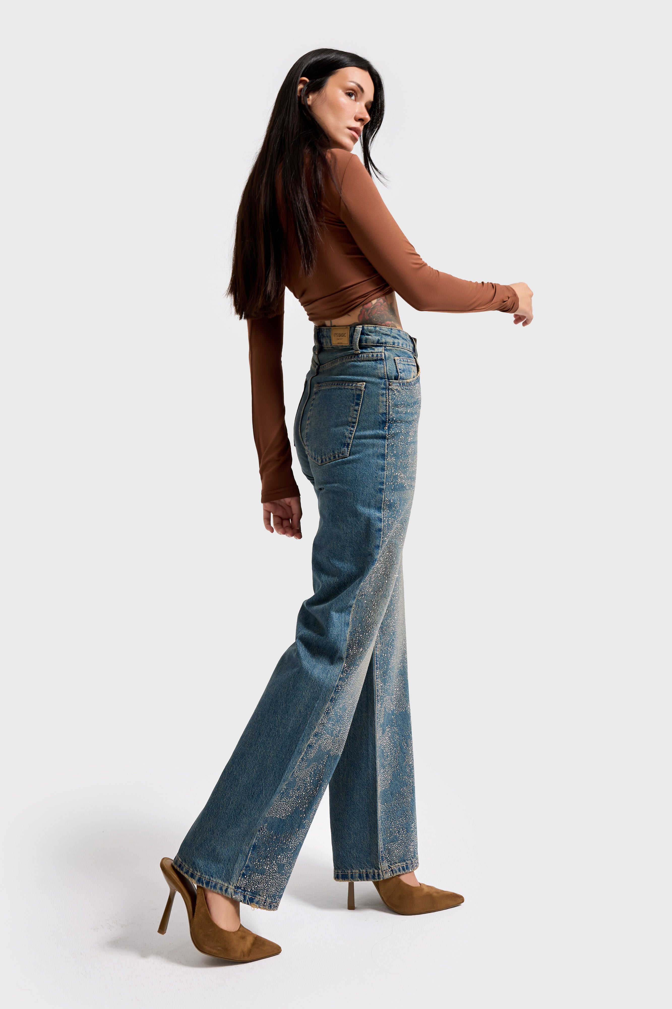 Kadın T.Kot Rengi T-2w5-8 Straight Fit Yüksek Bel Parlak Taşlı Özel Tasarım Denim Jean