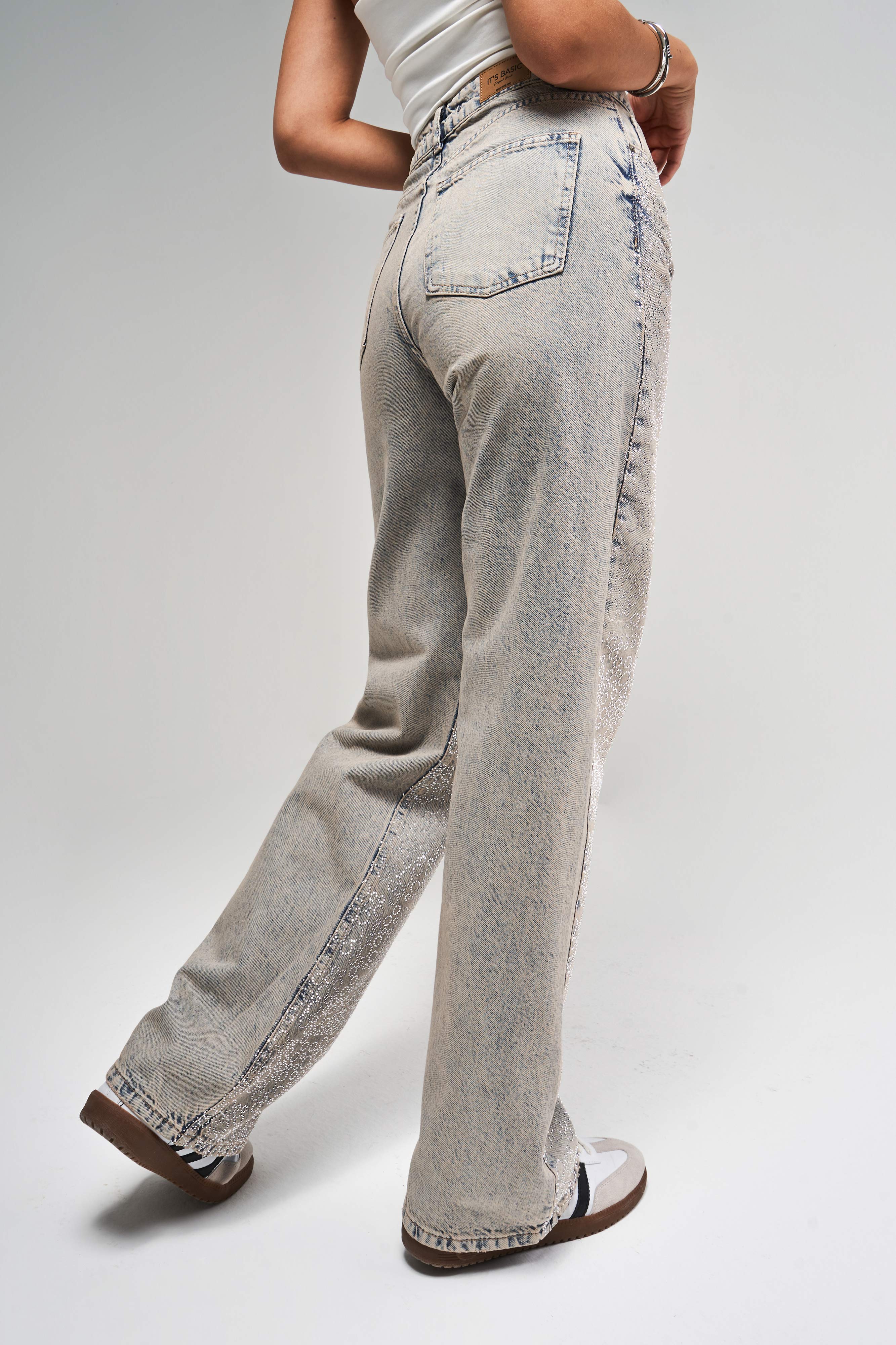 Kadın T.Kot  Rengi T-4S5-90 Parlak Taşlı %100 Koton Tasarım Straight Fit Denim Jean