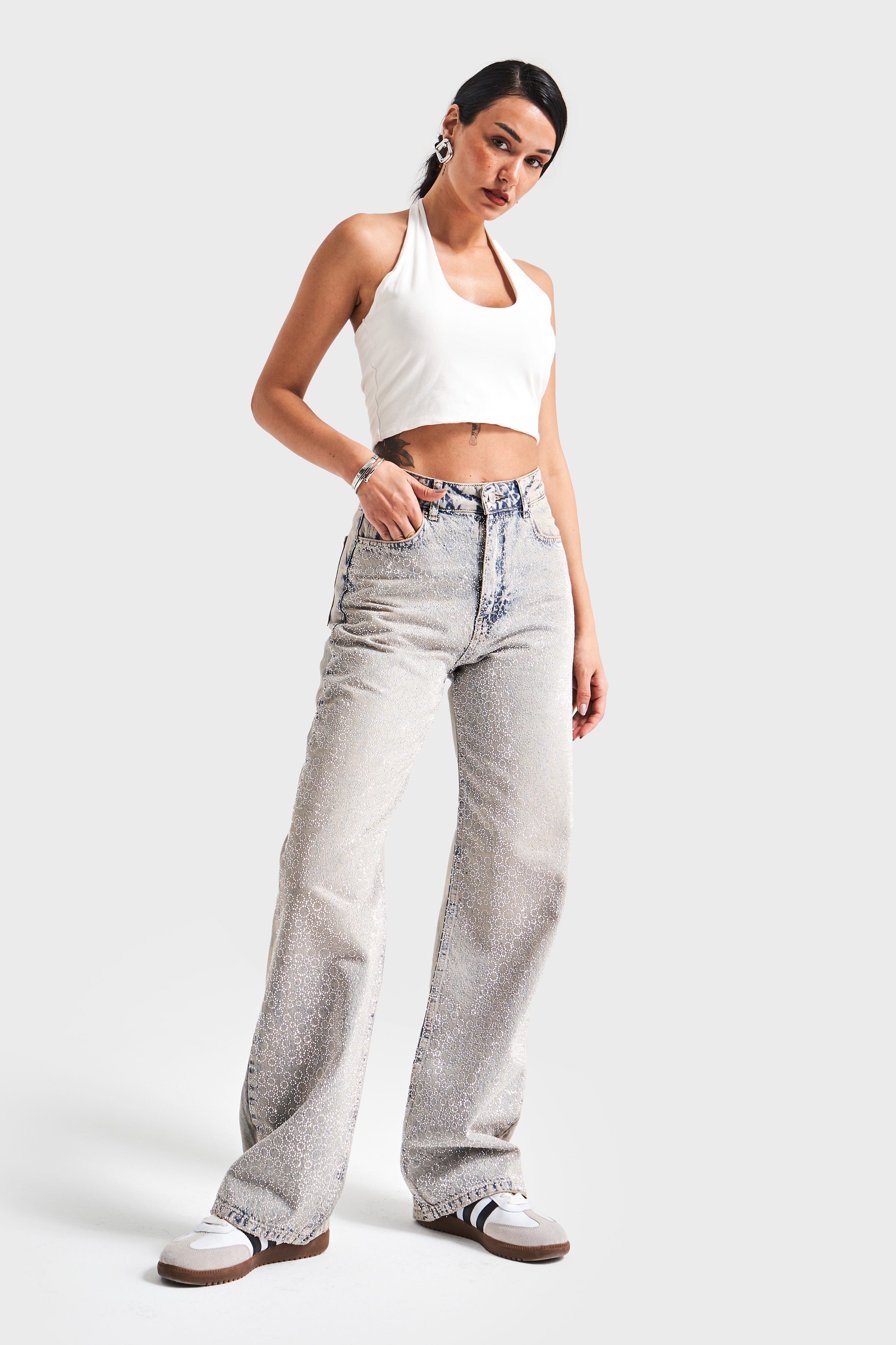 Kadın T.Kot  Rengi T-4S5-90 Parlak Taşlı %100 Koton Tasarım Straight Fit Denim Jean