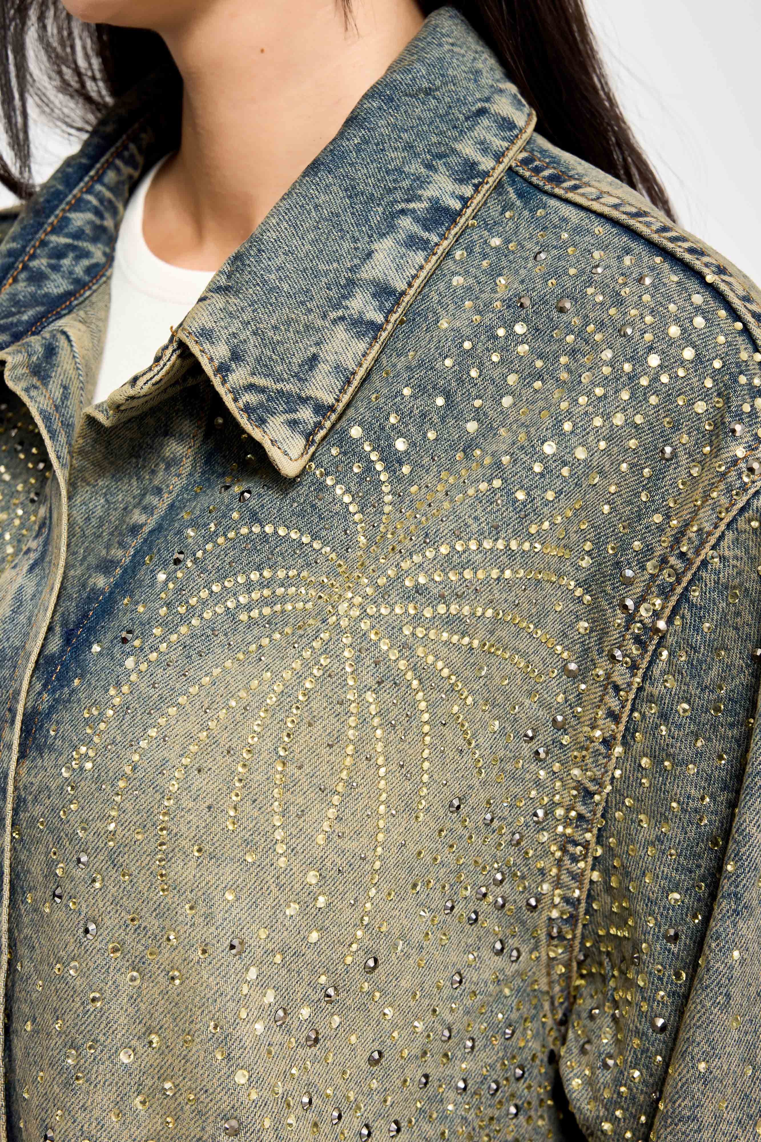 Kadın T.Kot Rengi T-4w5-11 Oversize Parlak Taşlı Özel Tasarım Denim Ceket Gömlek