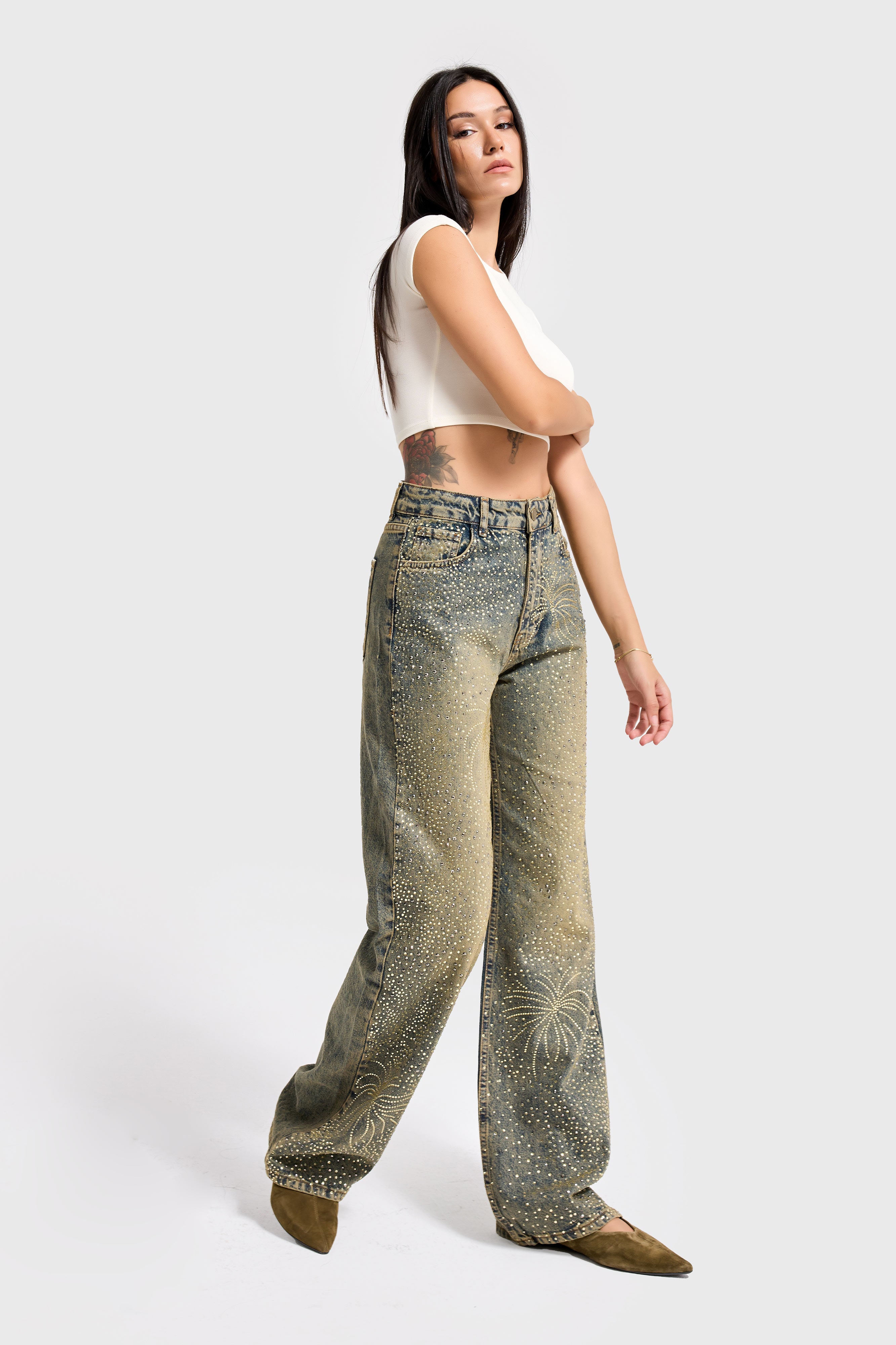 Kadın T.Kot Rengi T-4w5-11 Straight Fit Yüksek Bel Parlak Taşlı Özel Tasarım Denim Jean