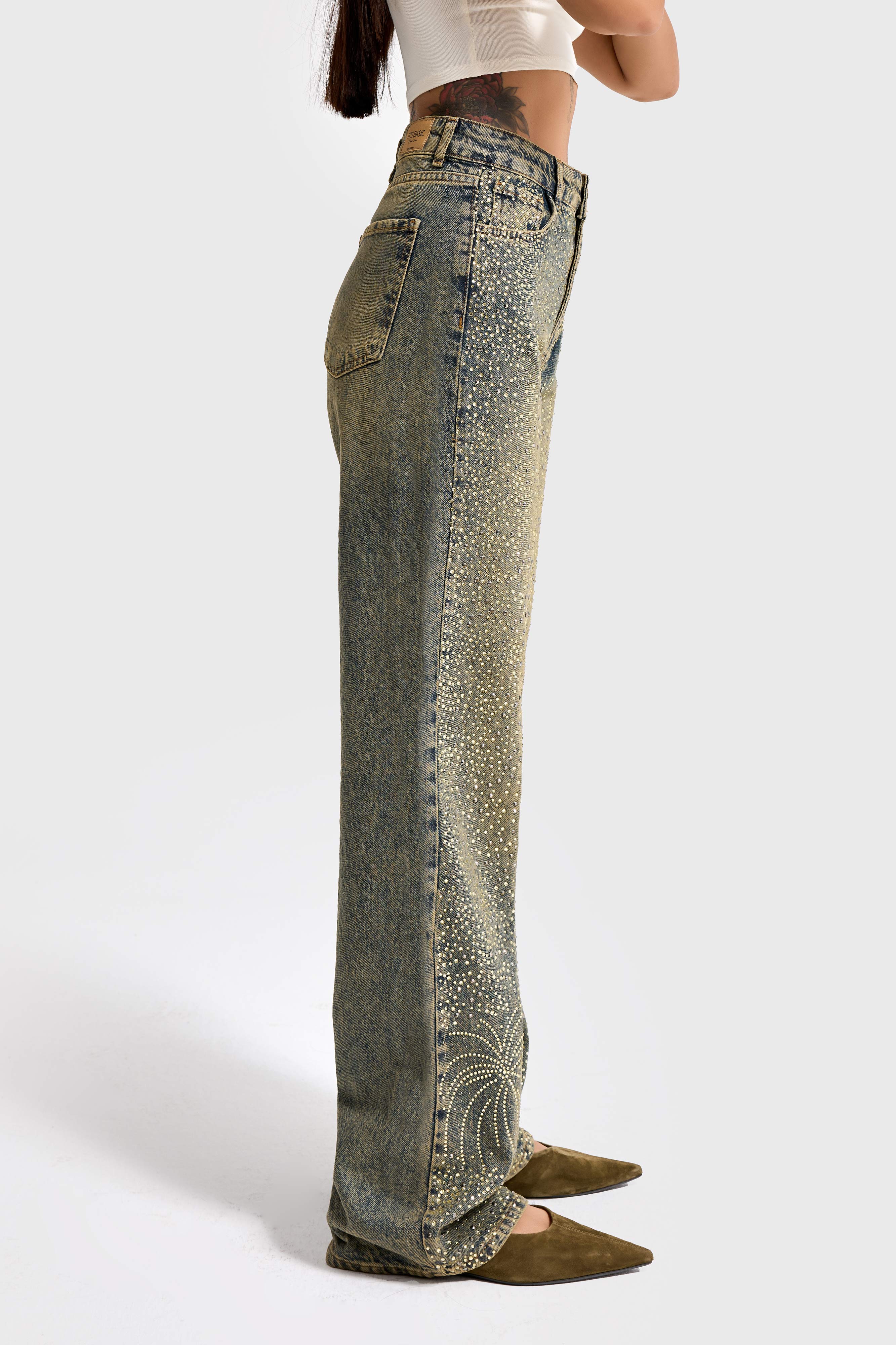 Kadın T.Kot Rengi T-4w5-11 Straight Fit Yüksek Bel Parlak Taşlı Özel Tasarım Denim Jean