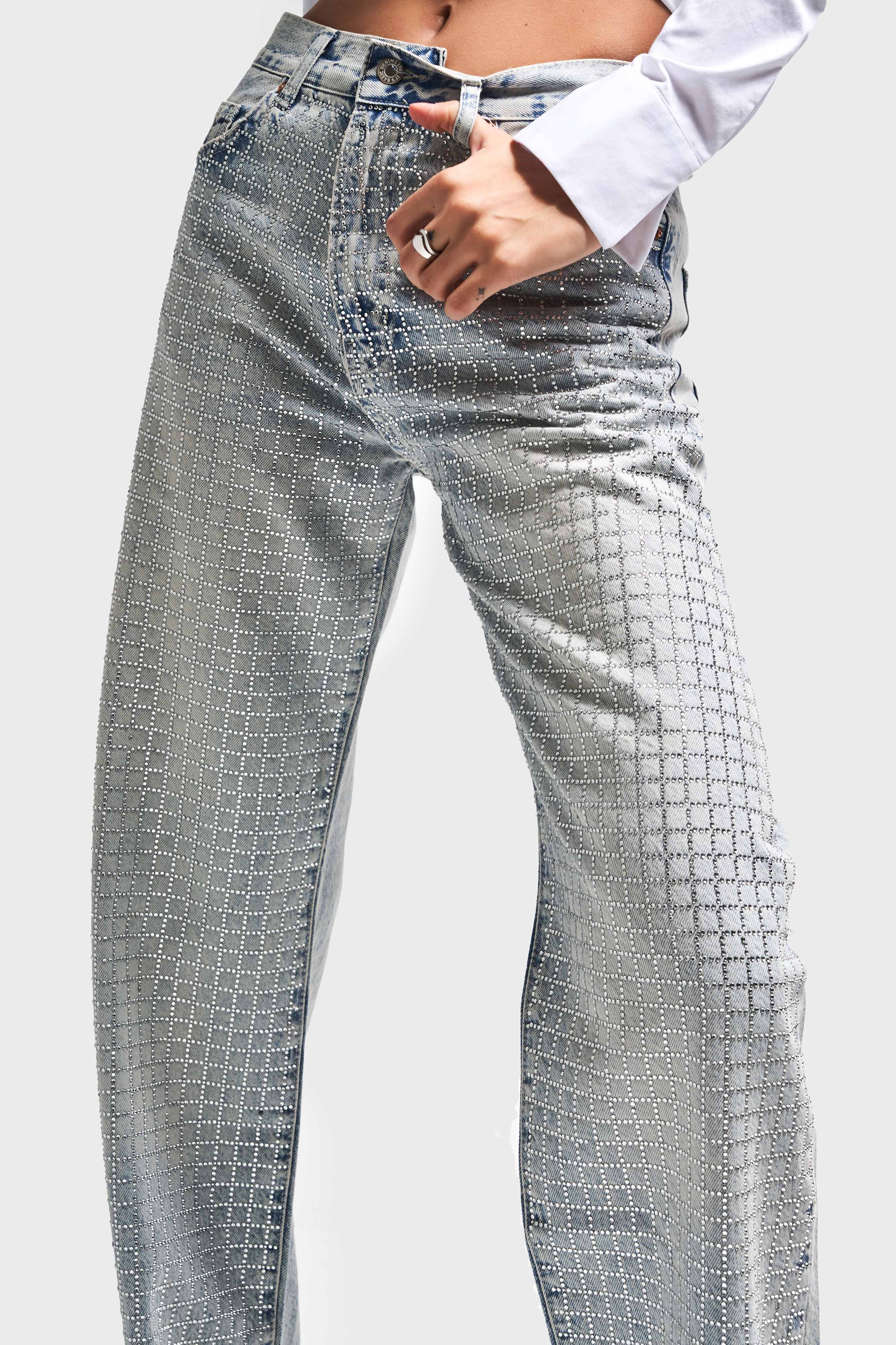Women's T.Jeans Color T2-4S5-30 Loose Fit Shiny Square Stone 100% Cotton Design Denim Jeans