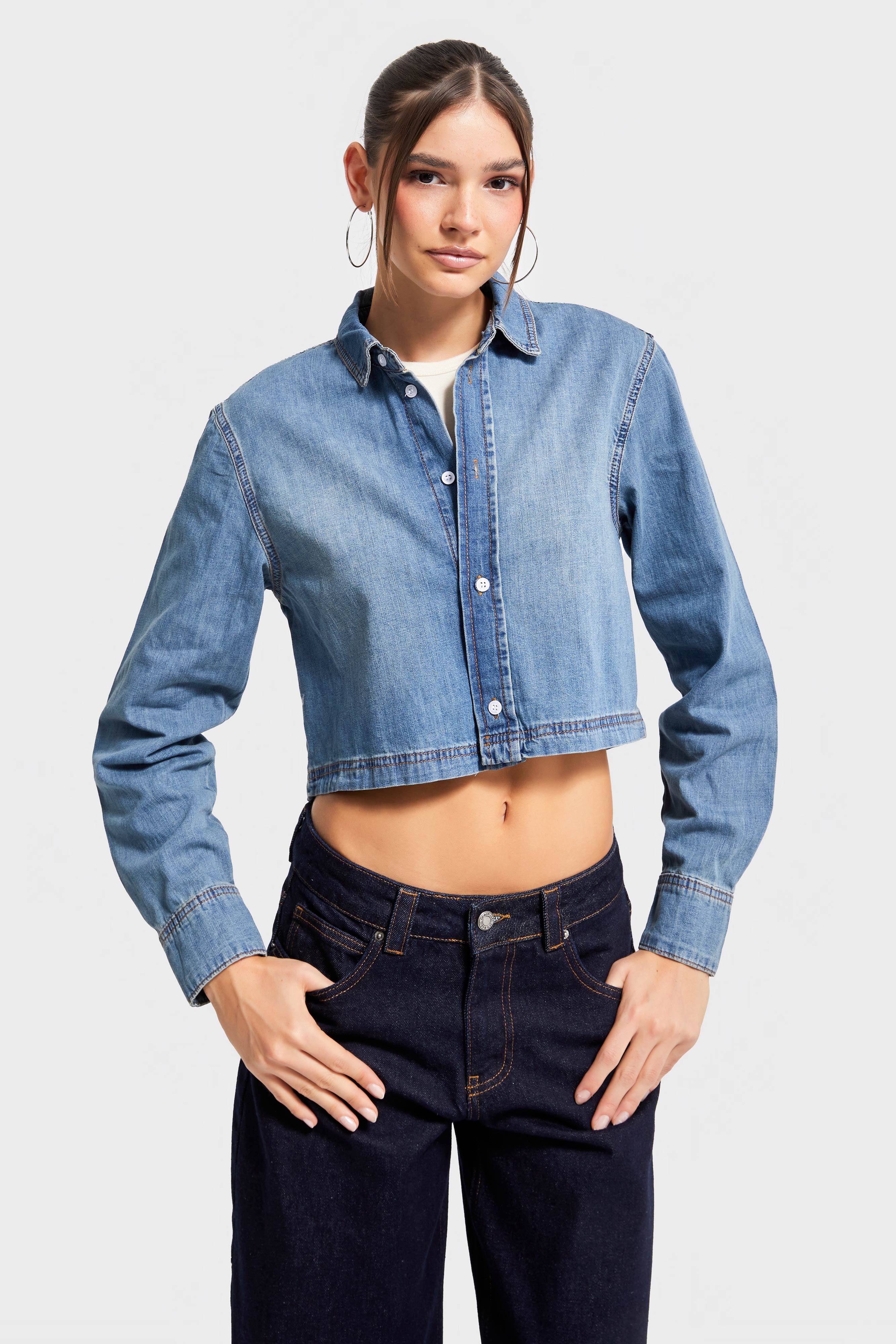 Kadın T.Kot Renk cc01 7s5-8 Crop Fit Önü Düğmeli %100 Organik Denim Kumaş Gömlek