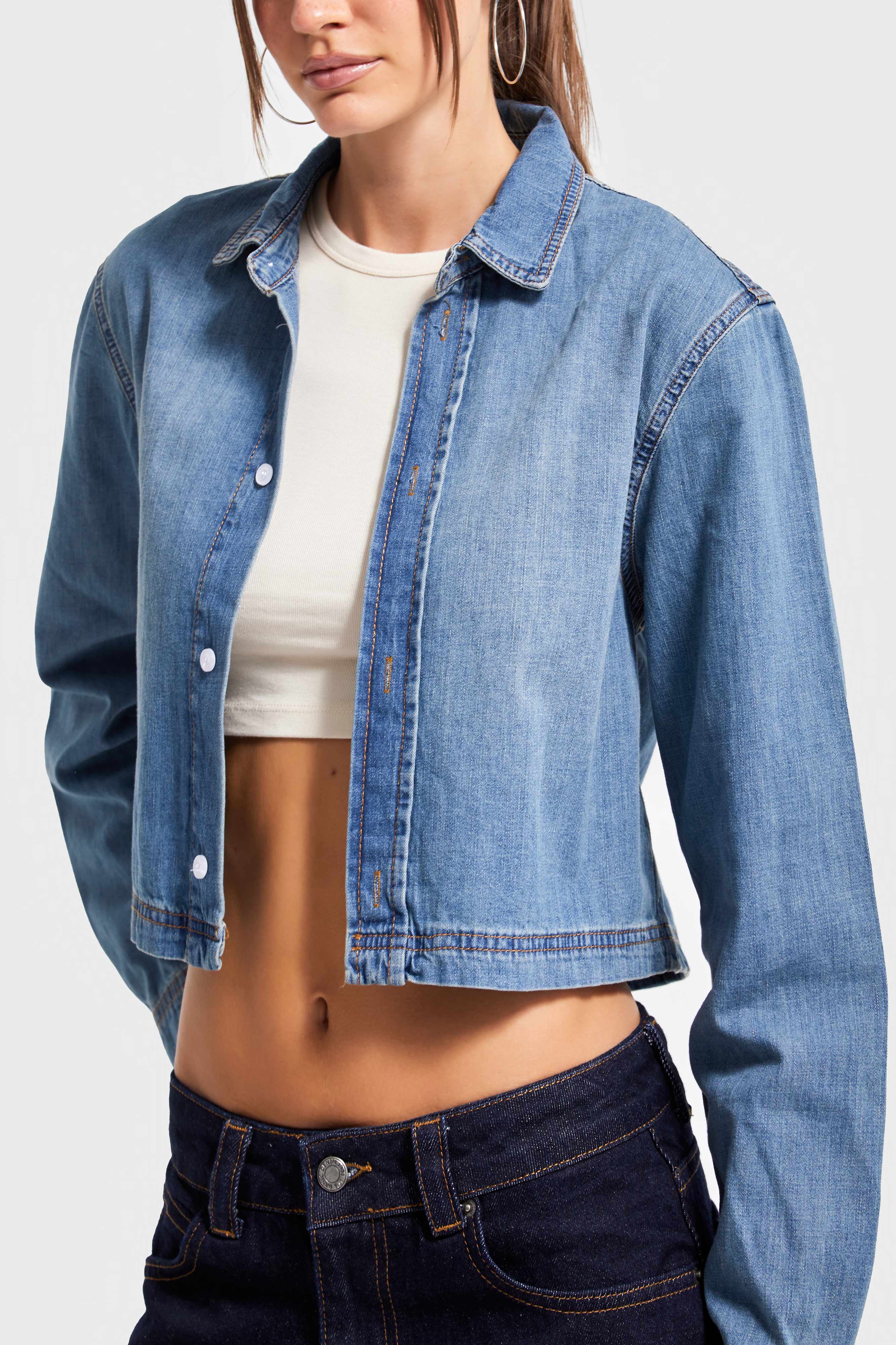 Kadın T.Kot Renk cc01 7s5-8 Crop Fit Önü Düğmeli %100 Organik Denim Kumaş Gömlek