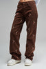 Kadın Taba Renk 7w442 Loose Fit Nakışlı Fitilli Kadife Pantolon