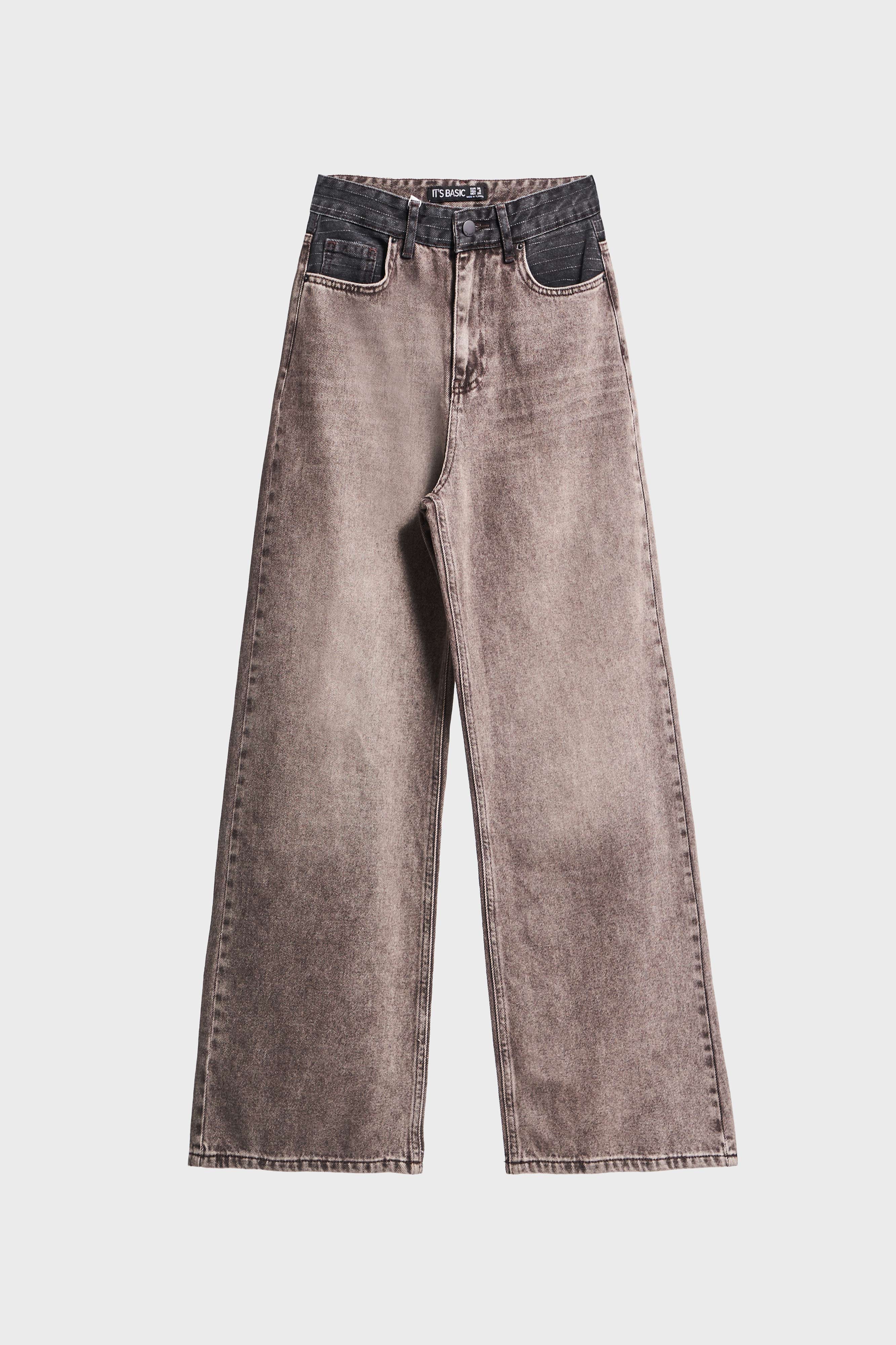 Kadın Taş Kahve Renk 4w5-16 Wide Leg Fit %100 Koton Tasarım Denim Jean