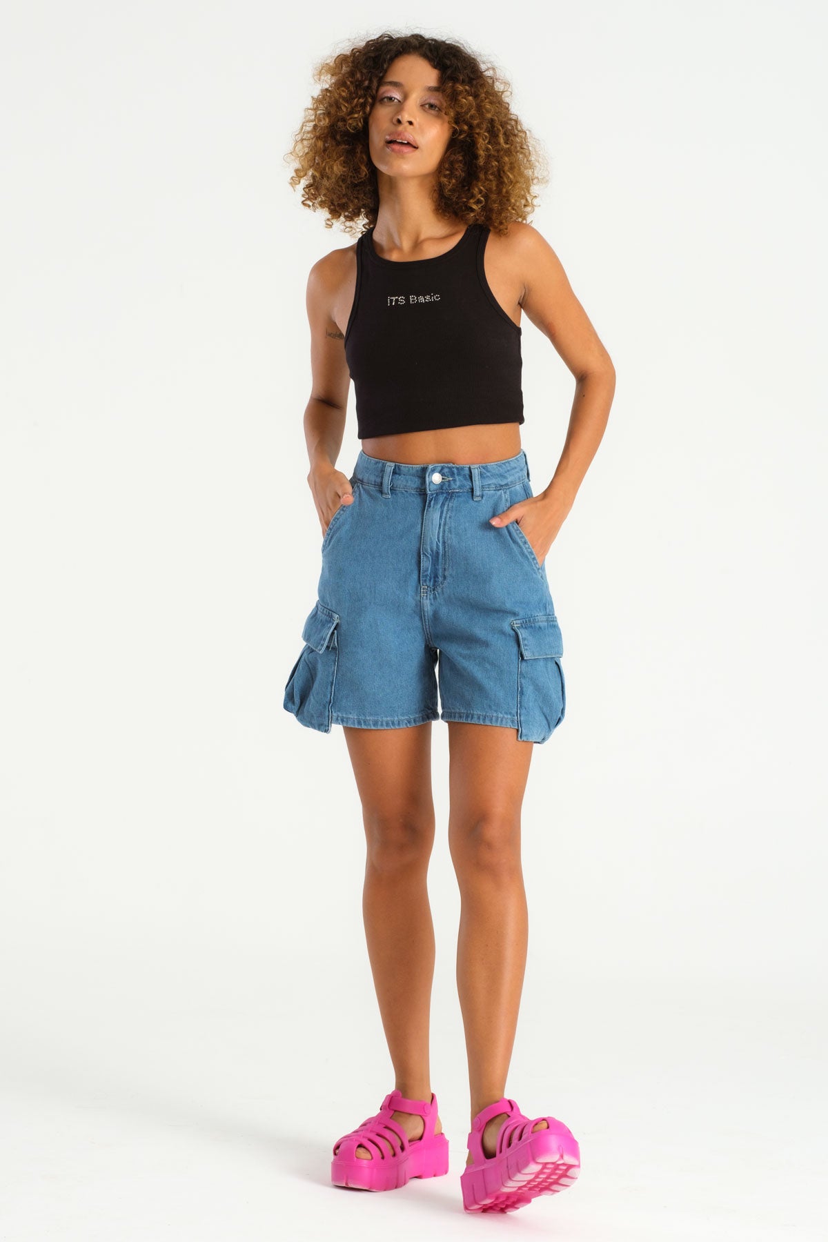 Women's Stone Blue Color Cargo Pocket Denim Shorts