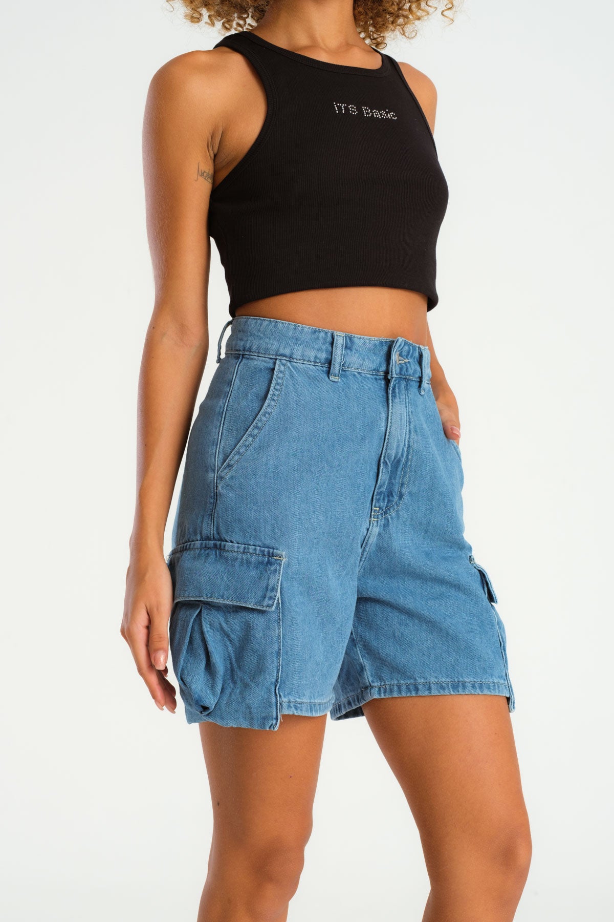 Women's Stone Blue Color Cargo Pocket Denim Shorts