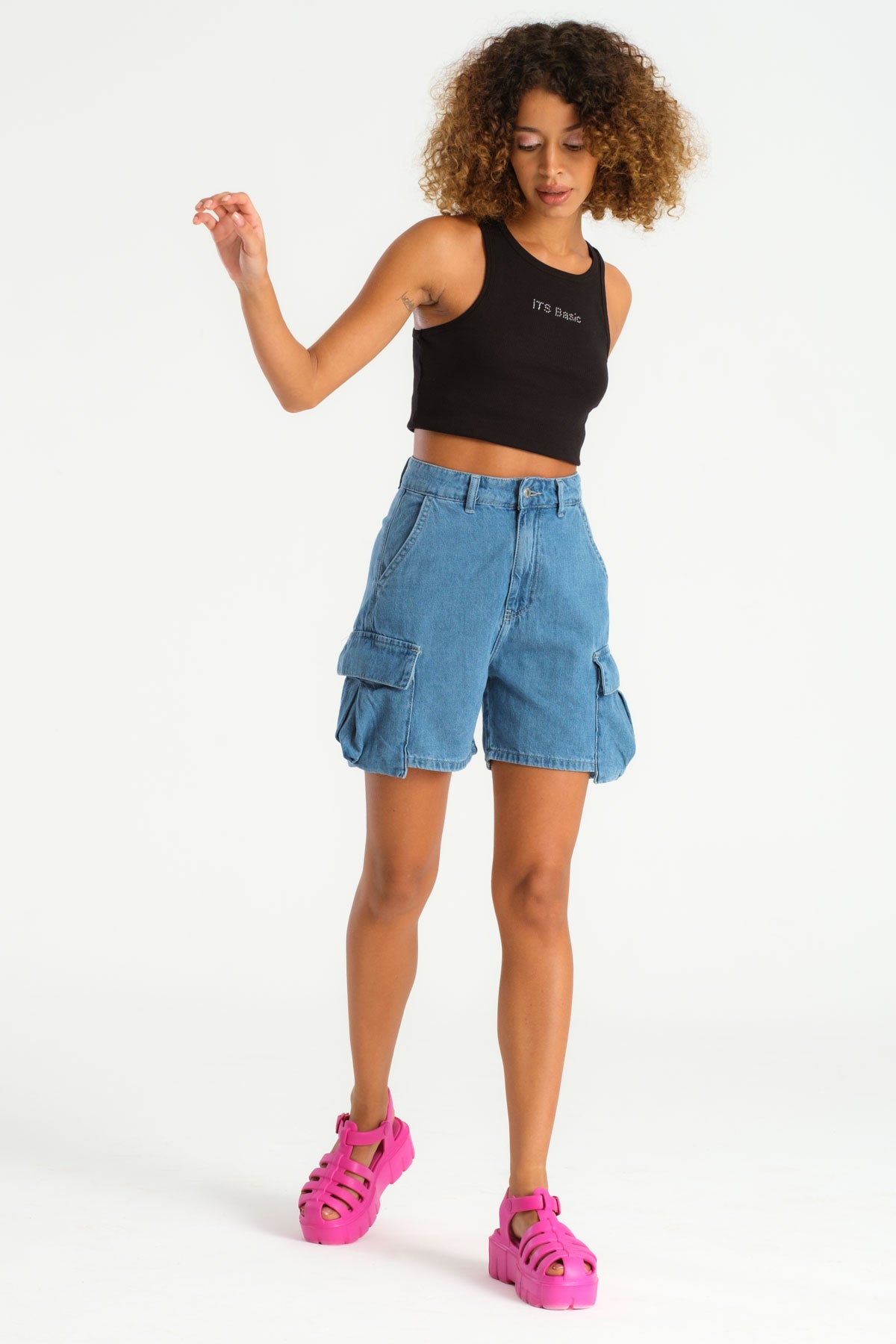 Women's Stone Blue Color Cargo Pocket Denim Shorts