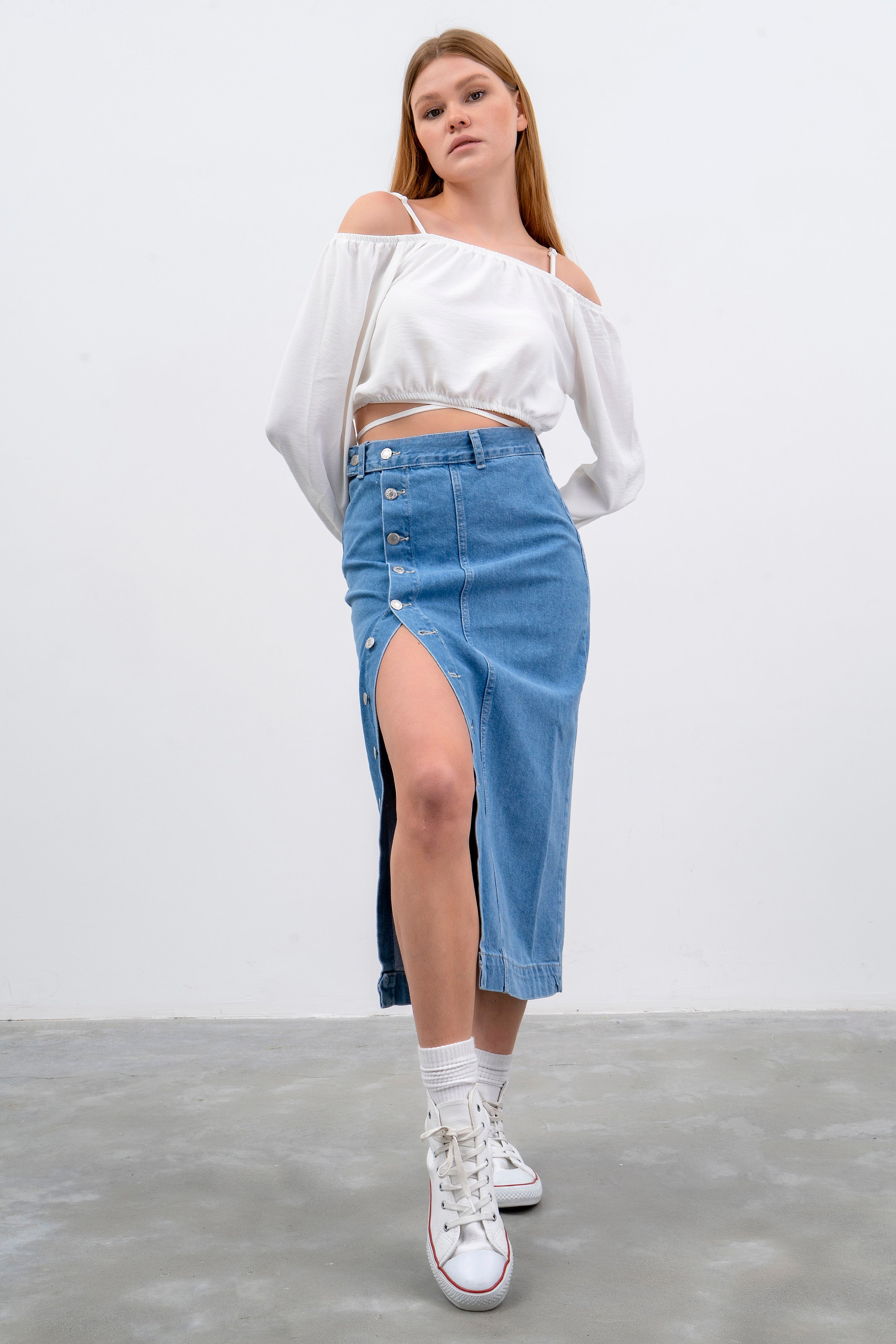 Dames Stone Blue Color Tilia Maxi Denim Rok met Knoopsluiting aan de Voorkant