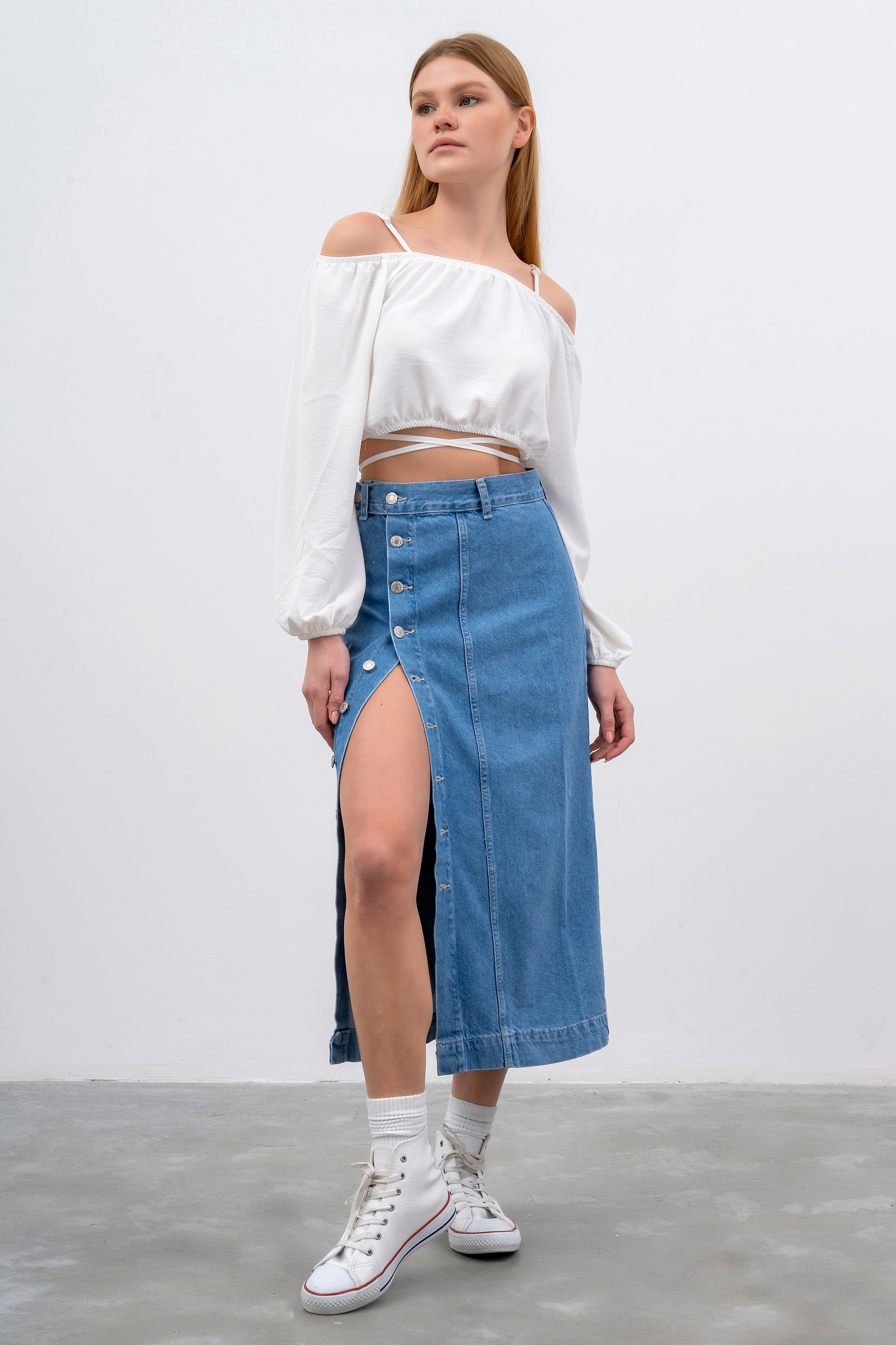 Dames Stone Blue Color Tilia Maxi Denim Rok met Knoopsluiting aan de Voorkant